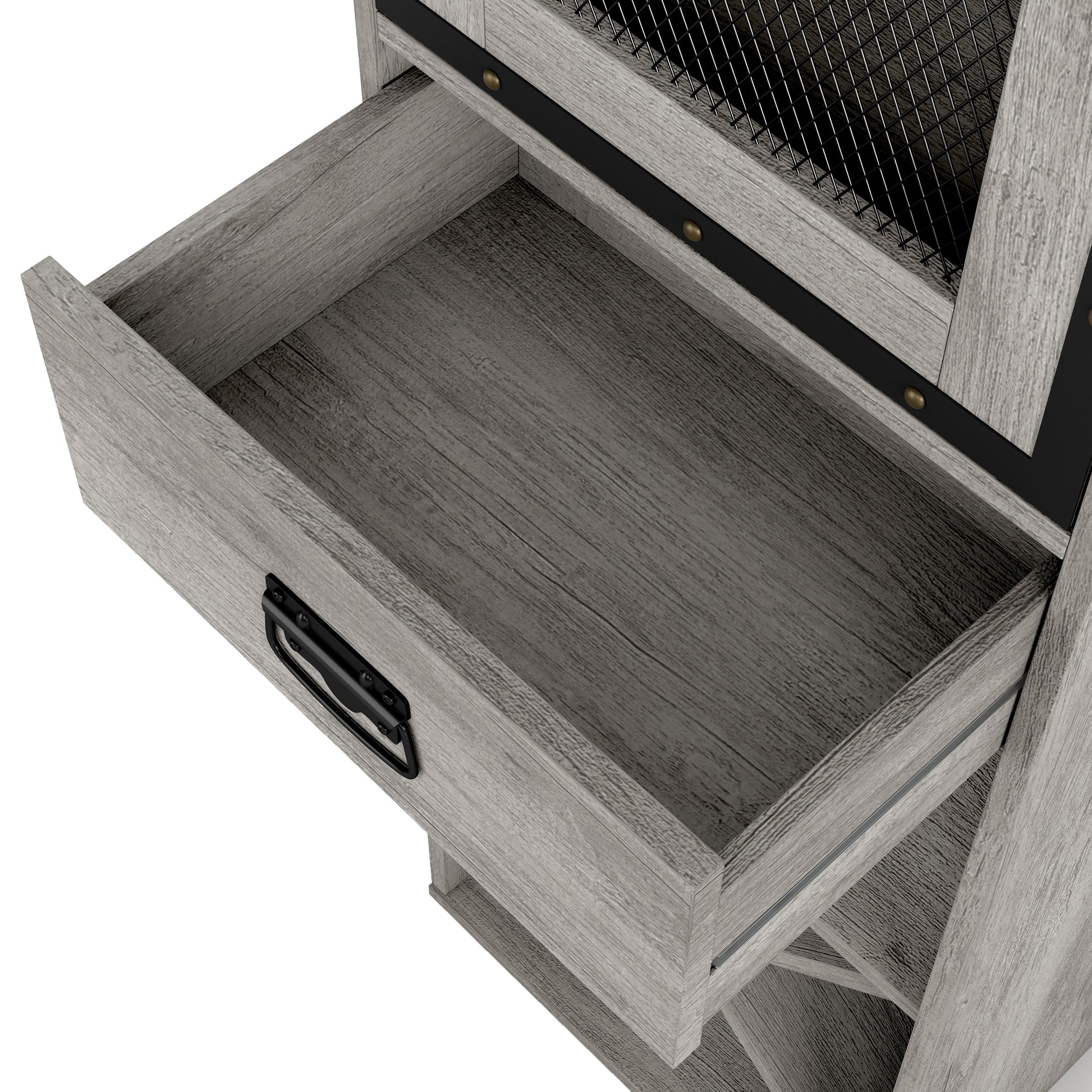 Left angled close-up open drawer view of an industrial vintage gray oak three-shelf tower cabinet with wine storage on a white background