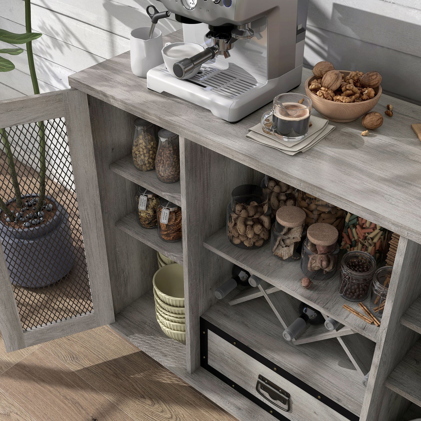 Left angled bird's eye close-up view of a farmhouse vintage gray oak six-shelf wine storage buffet with black mesh doors open in a dining room with accessories