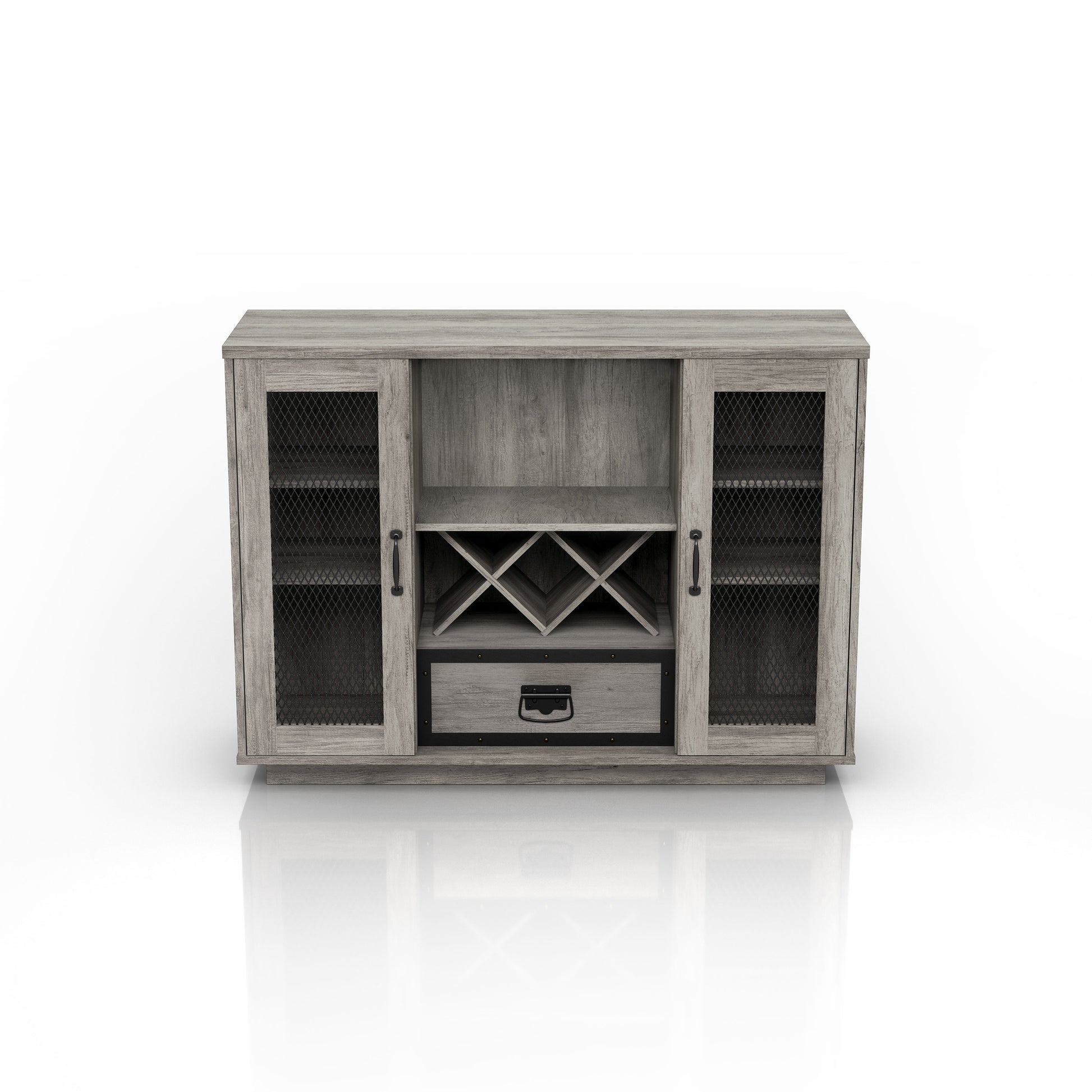 Front-facing farmhouse vintage gray oak six-shelf wine storage buffet with black mesh doors on a white background