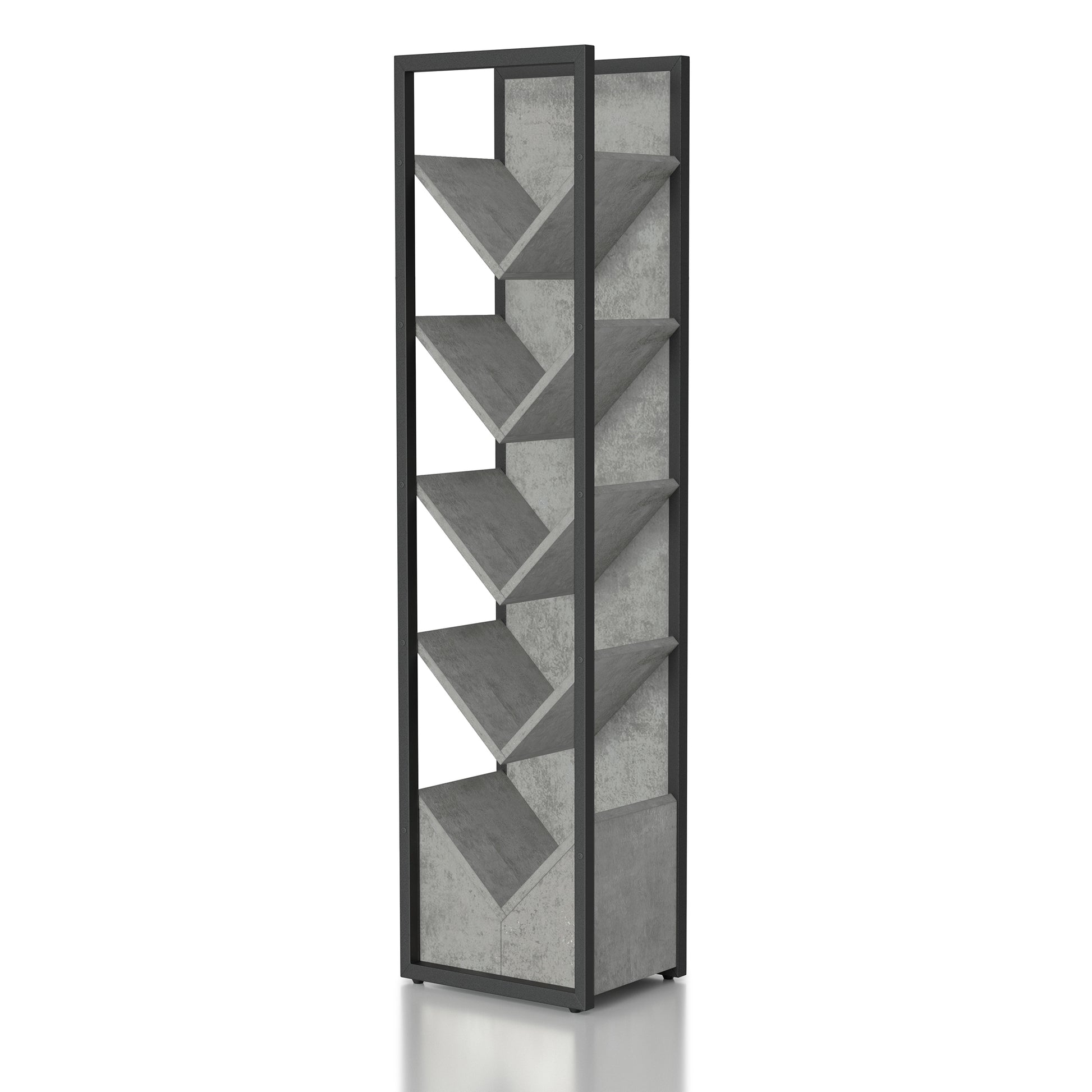 Left angled industrial cement and black five-shelf wine rack on a white background