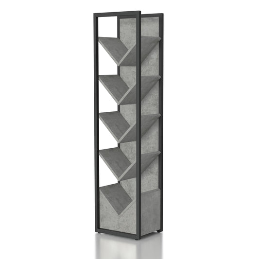 Left angled industrial cement and black five-shelf wine rack on a white background