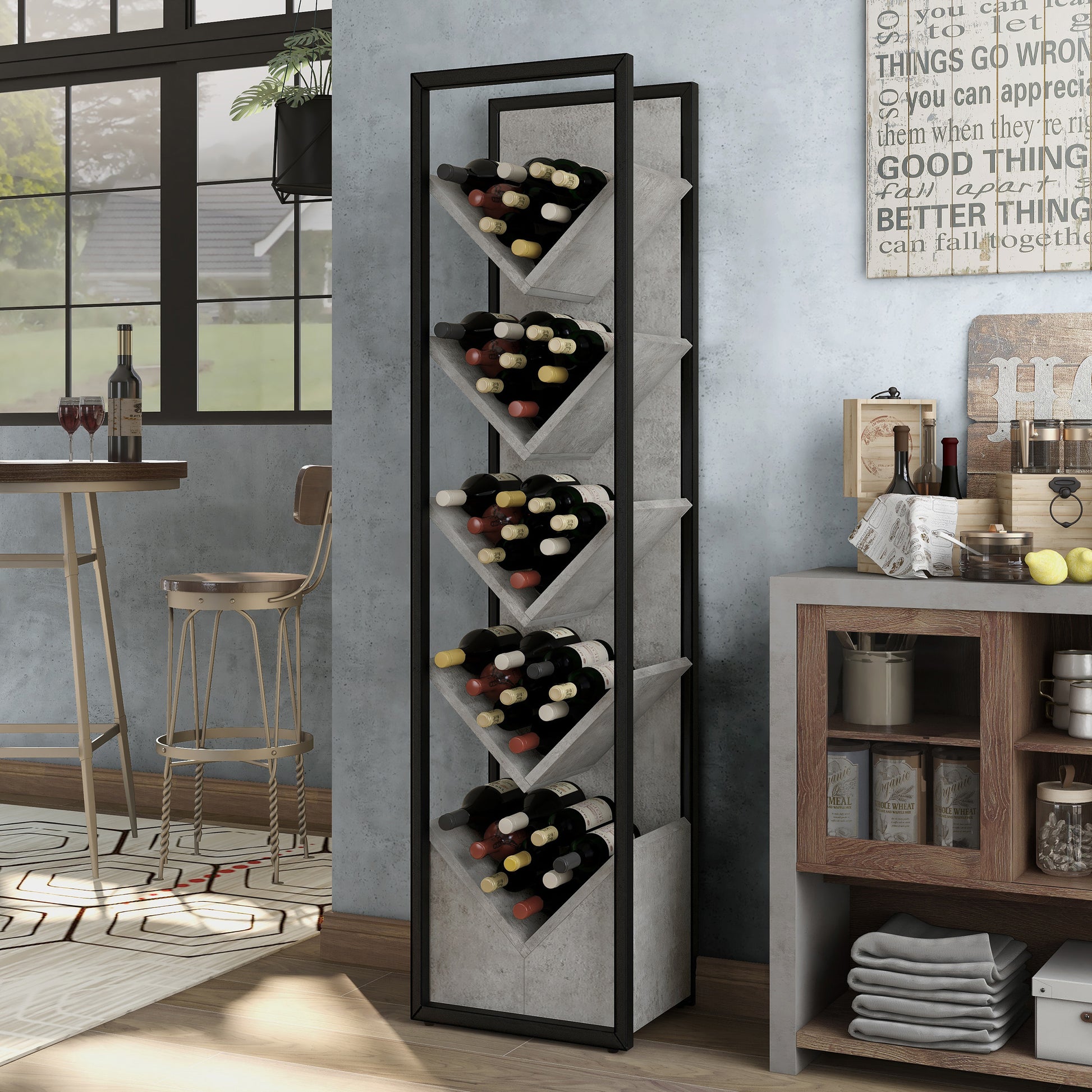 Left angled industrial cement and black five-shelf wine rack in a dining room with wine and accessories