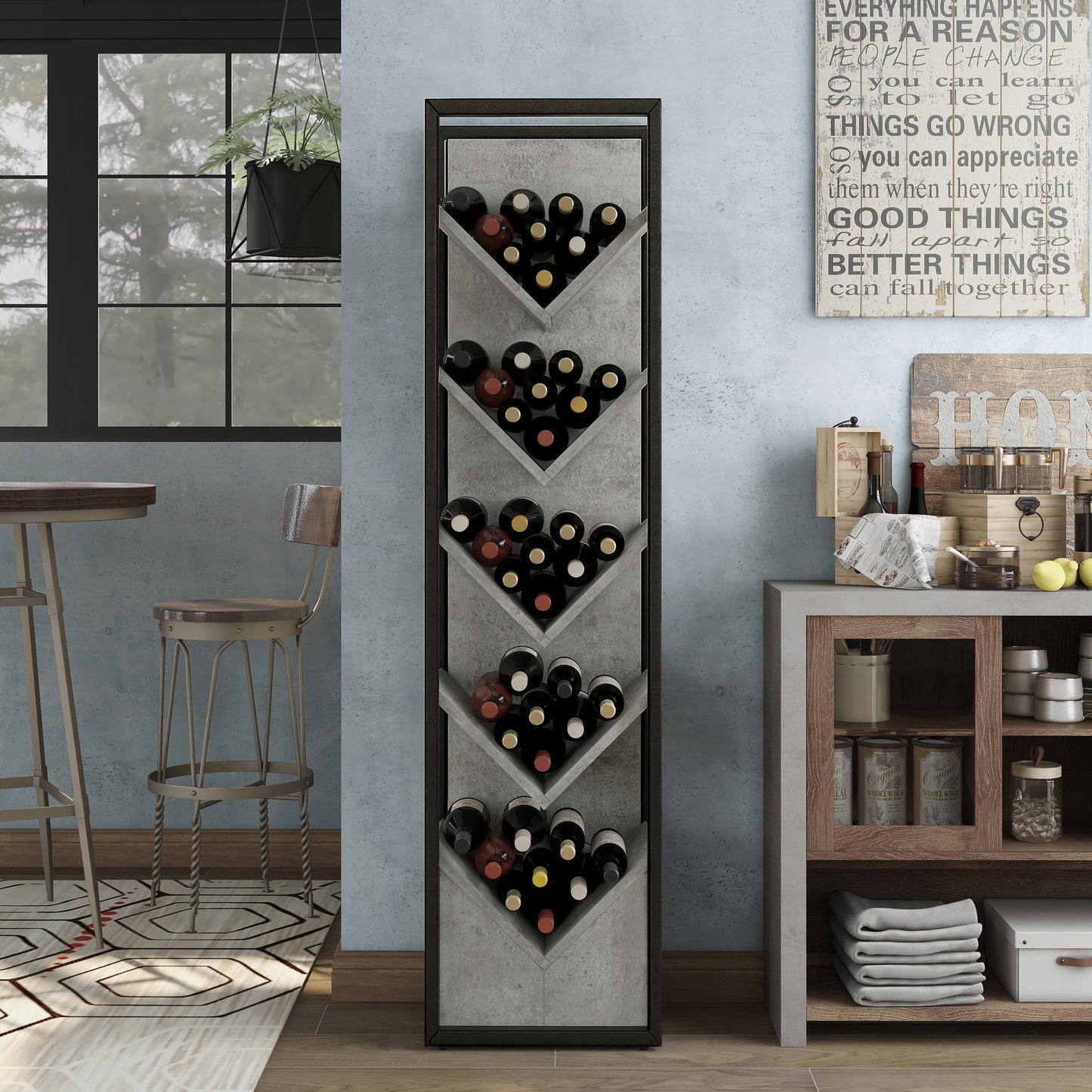 Front-facing industrial cement and black five-shelf wine rack in a dining room with wine and accessories