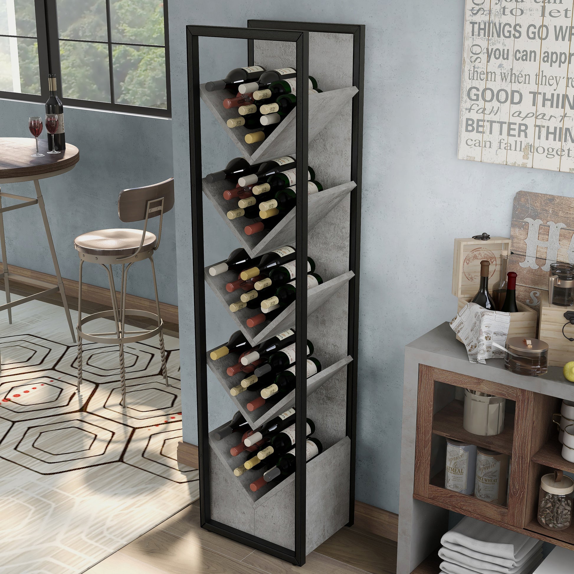 Left angled upper view of an industrial cement and black five-shelf wine rack in a dining room with wine and accessories