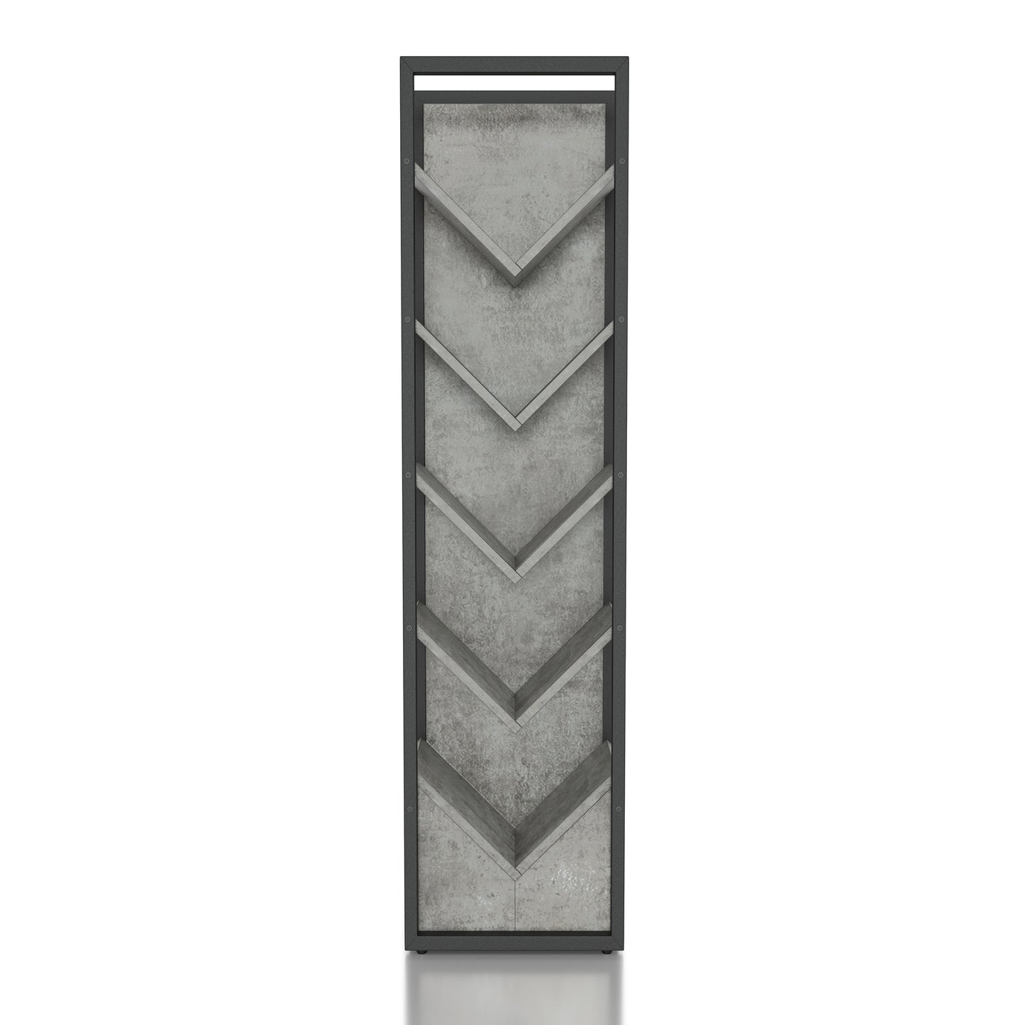 Front-facing industrial cement and black five-shelf wine rack on a white background