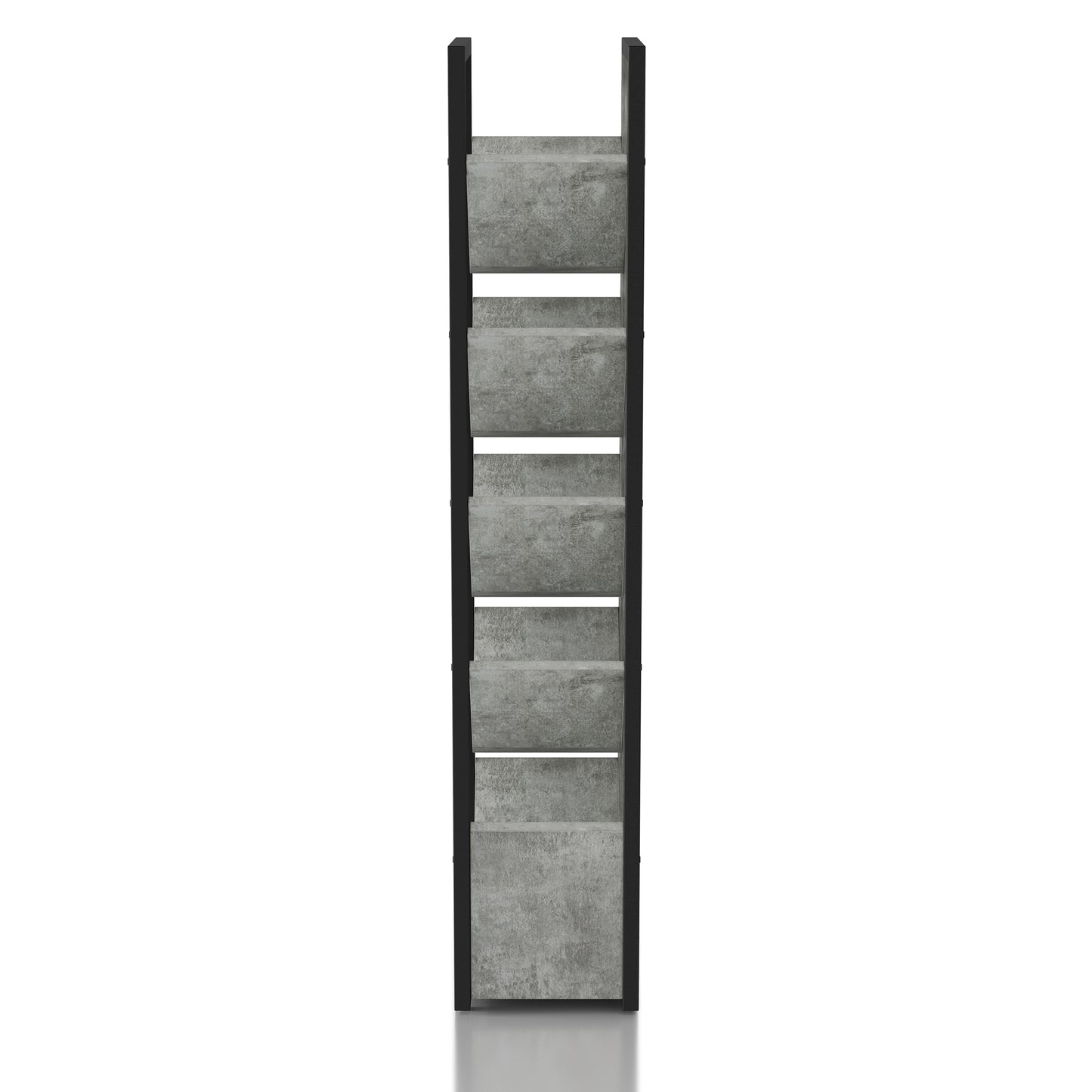 Front-facing side view of an industrial cement and black five-shelf wine rack on a white background