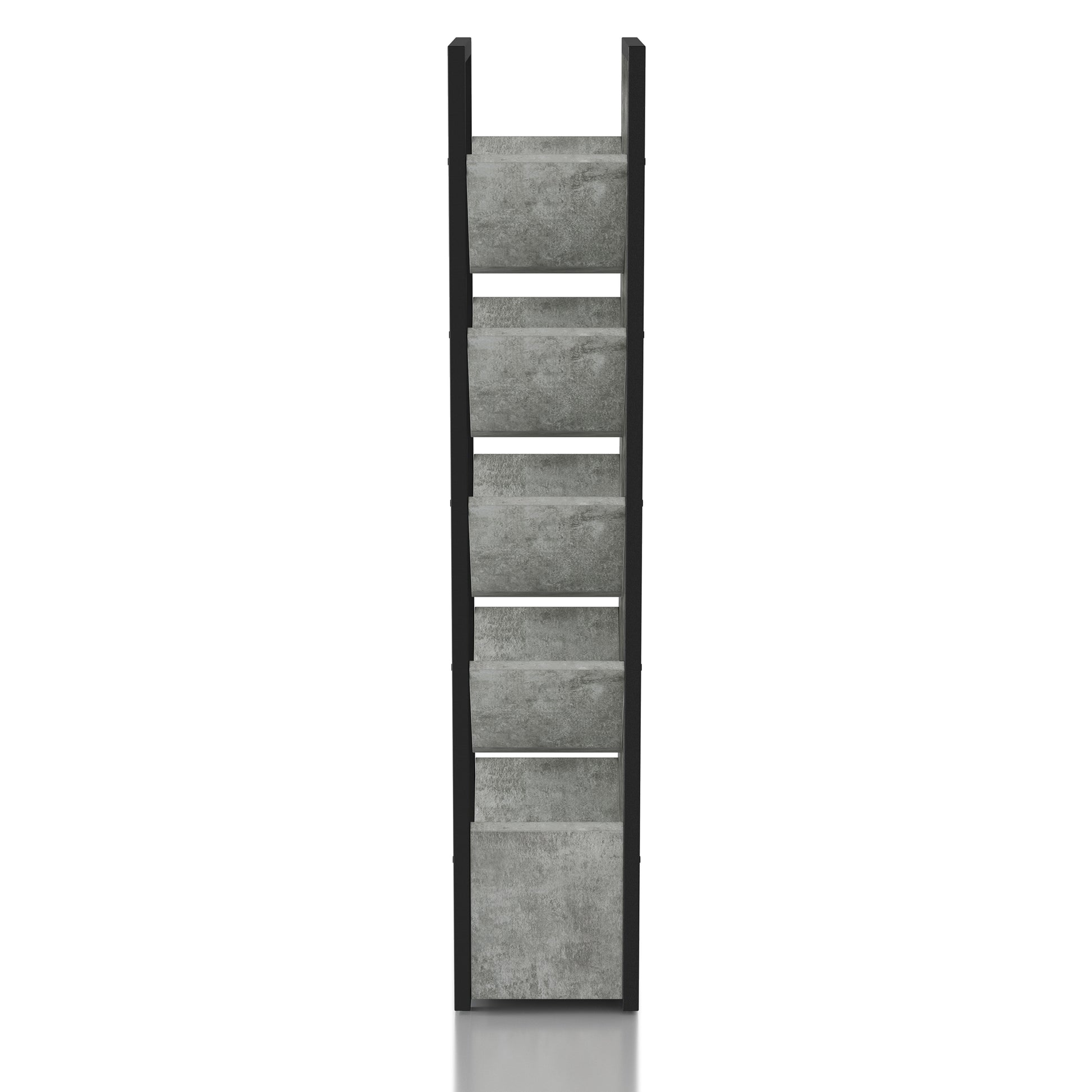 Front-facing side view of an industrial cement and black five-shelf wine rack on a white background