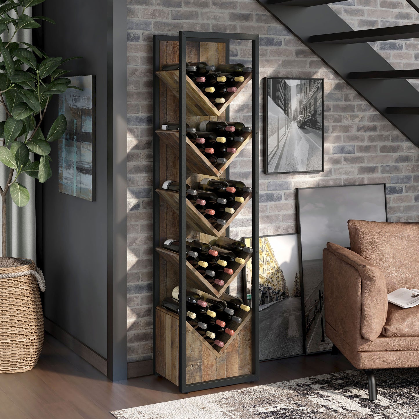 Right angled industrial reclaimed barnwood and black five-shelf wine rack in a living room with wine and accessories