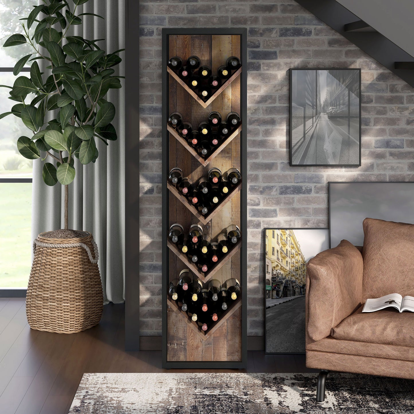 Front-facing industrial reclaimed barnwood and black five-shelf wine rack in a living room with wine and accessories