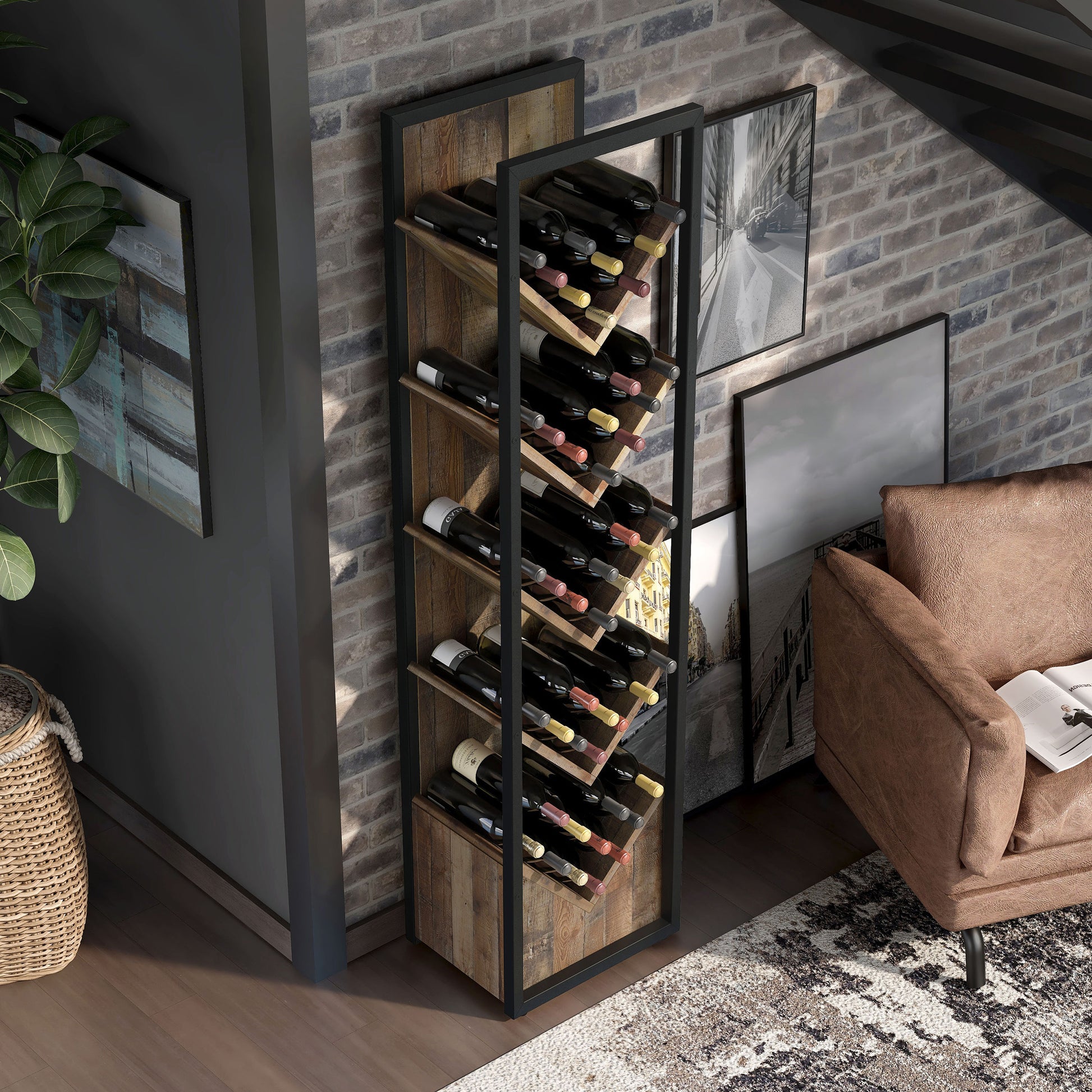 Right angled bird's eye view of an industrial reclaimed barnwood and black five-shelf wine rack in a living room with wine and accessories