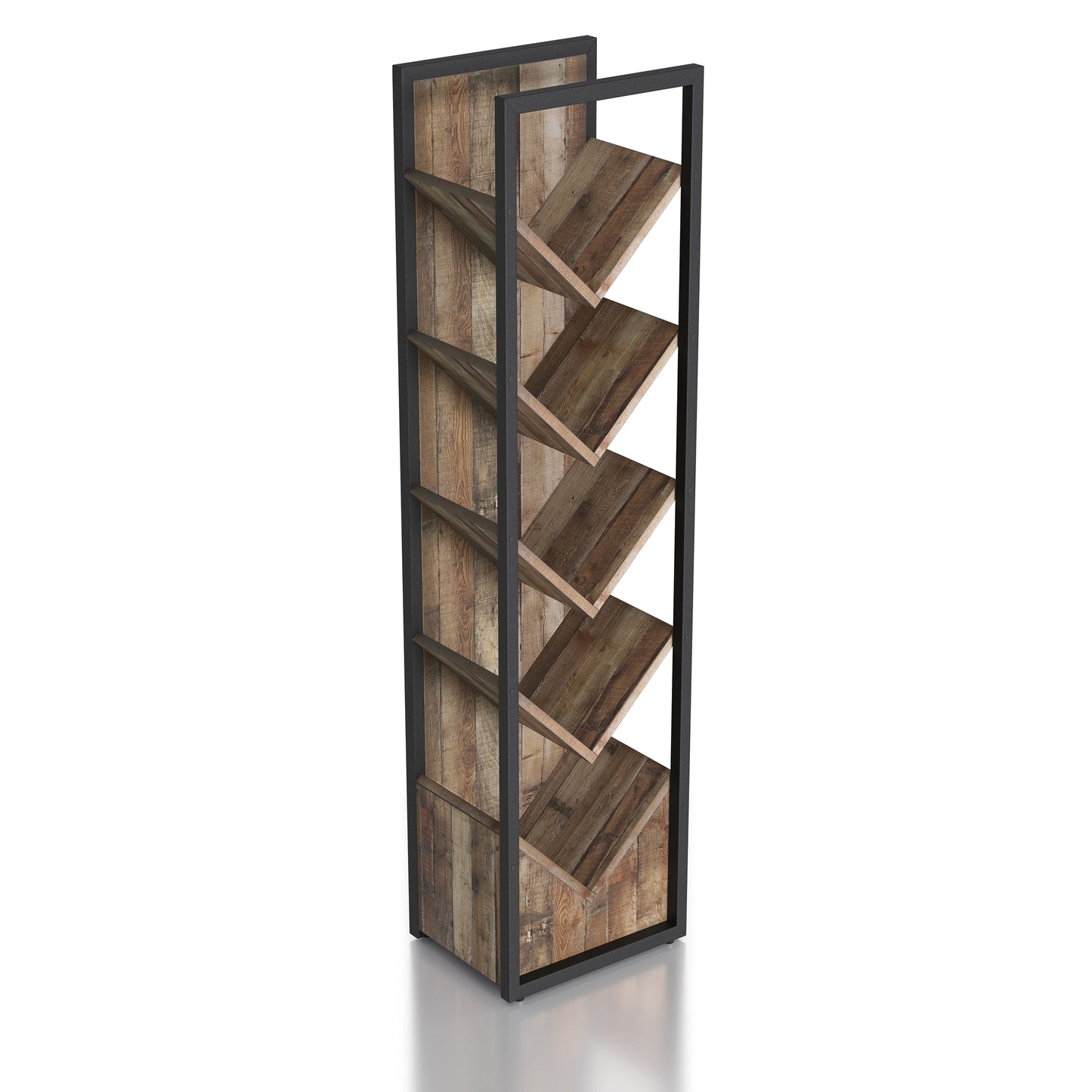 Right angled industrial reclaimed barnwood and black five-shelf wine rack on a white background