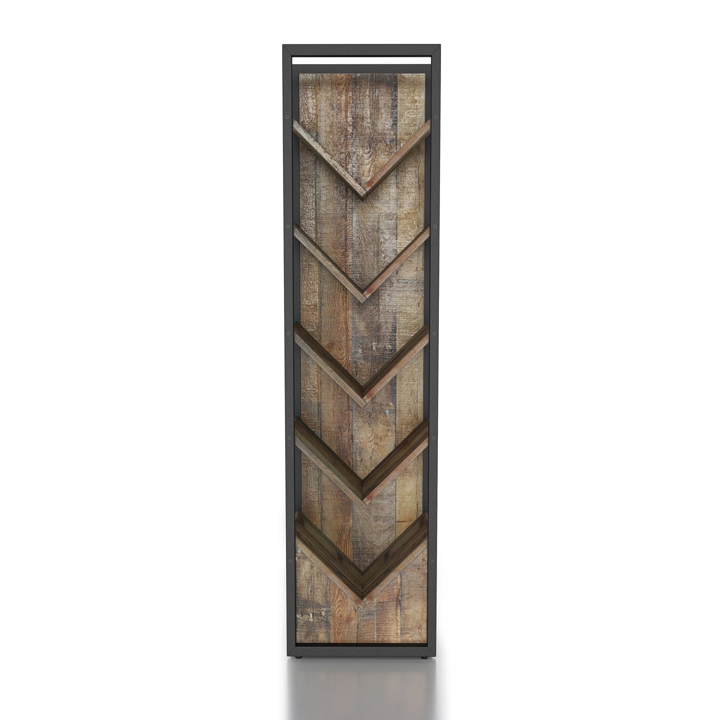 Front-facing industrial reclaimed barnwood and black five-shelf wine rack on a white background