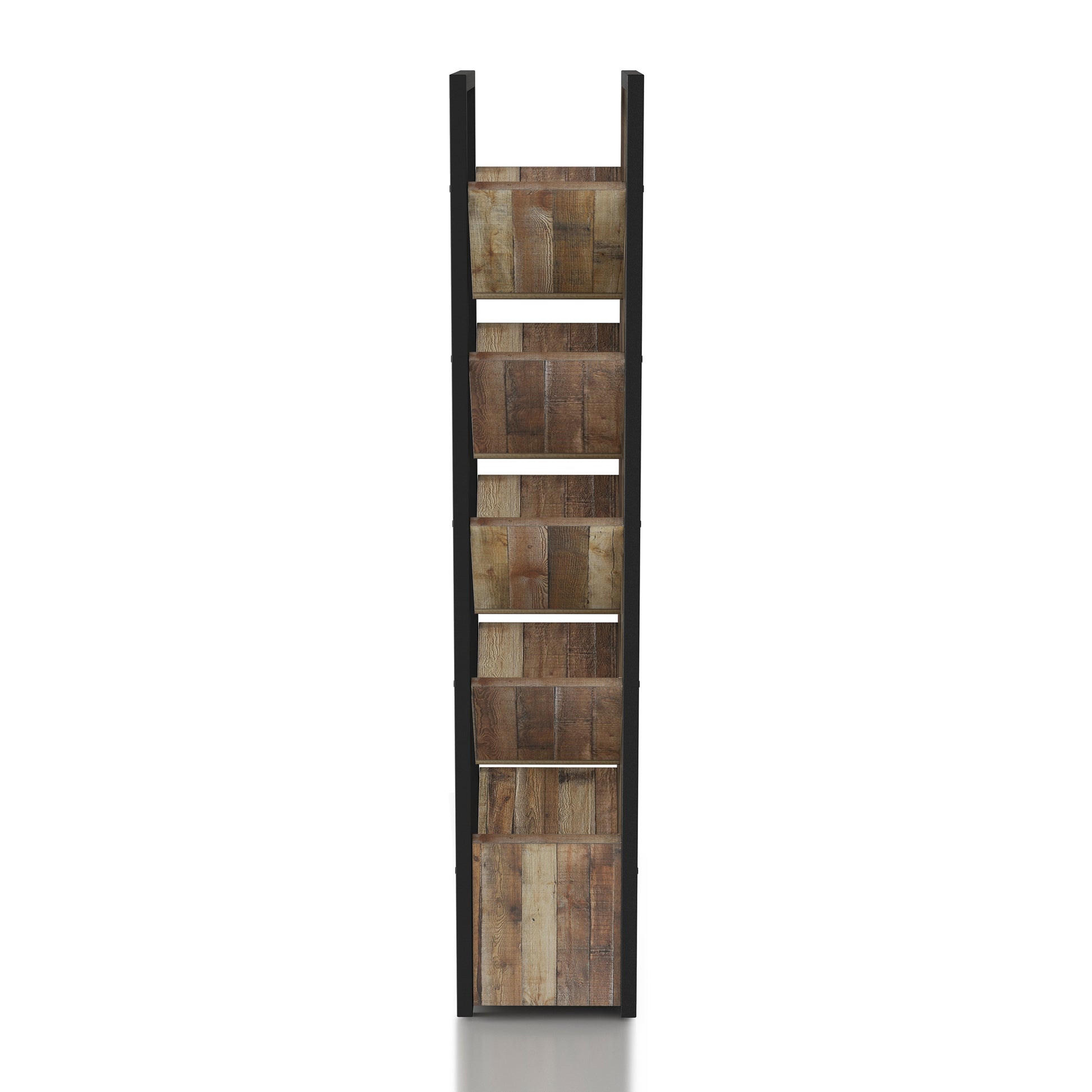 Front-facing side view of an industrial reclaimed barnwood and black five-shelf wine rack on a white background