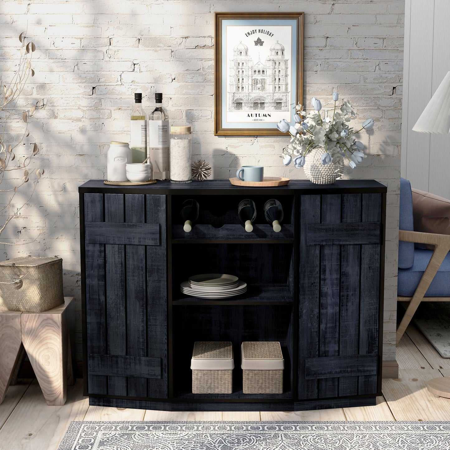 Front-facing farmhouse rustic navy blue four-bottle buffet cabinet with two doors in a living area with accessories