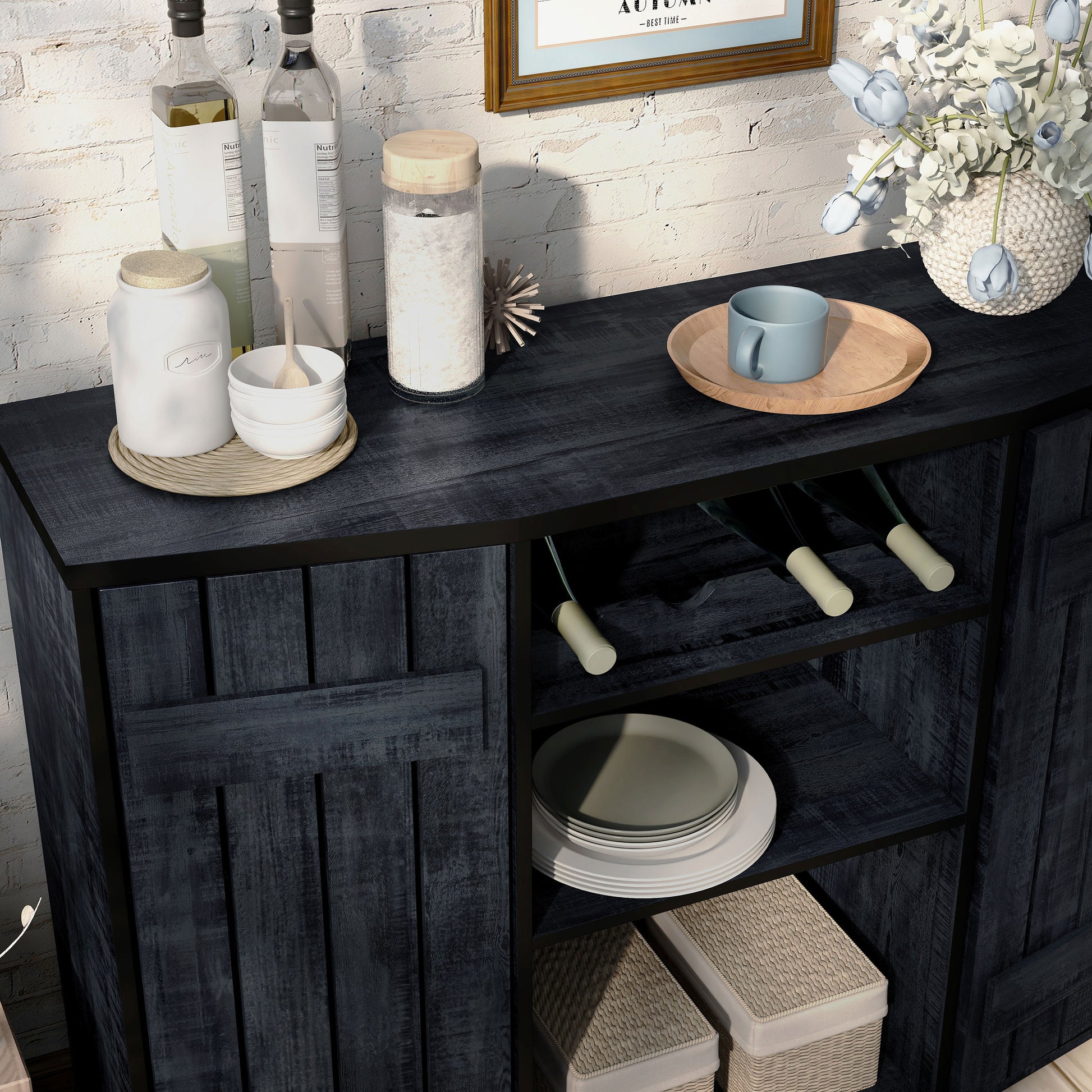 Right angled upper close-up view of a farmhouse rustic navy blue four-bottle buffet cabinet with two doors in a living area with accessories