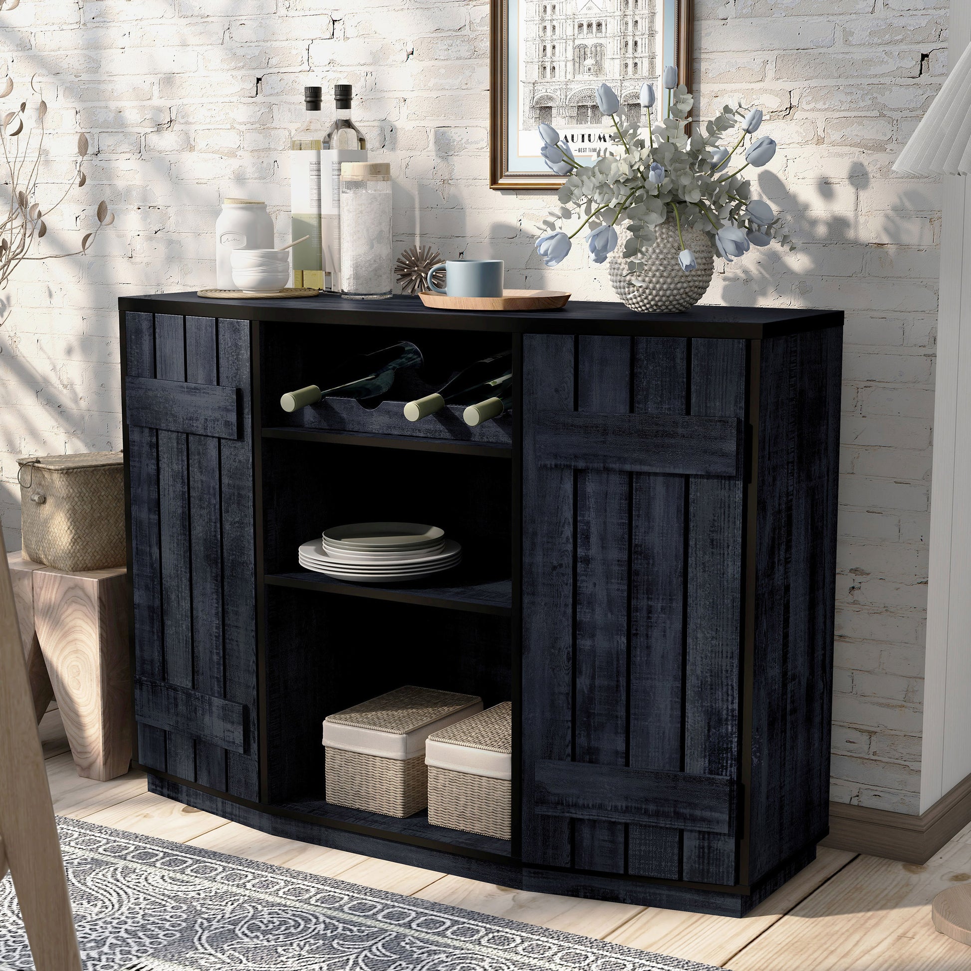 Left angled farmhouse rustic navy blue four-bottle buffet cabinet with two doors in a living area with accessories