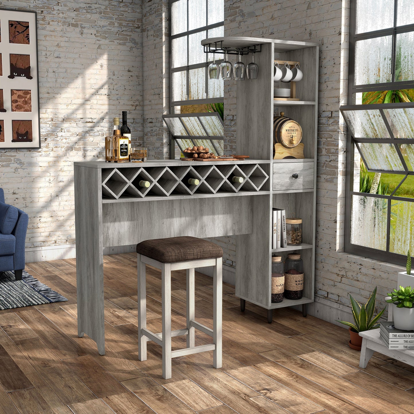Right angled transitional vintage gray oak six-shelf bar table with wine and stemware storage in a dining room with accessories