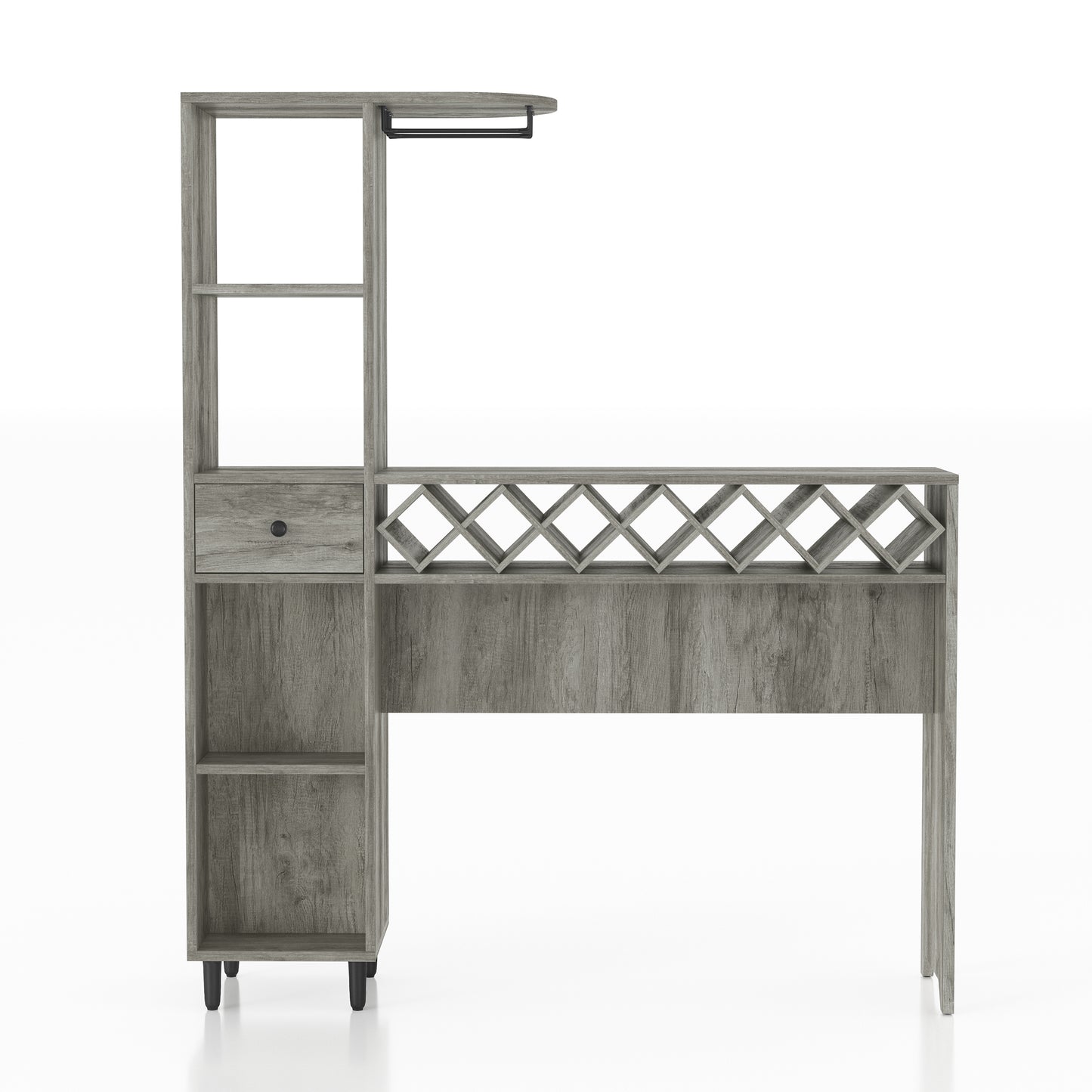 Front-facing transitional vintage gray oak six-shelf bar table with wine and stemware storage on a white background