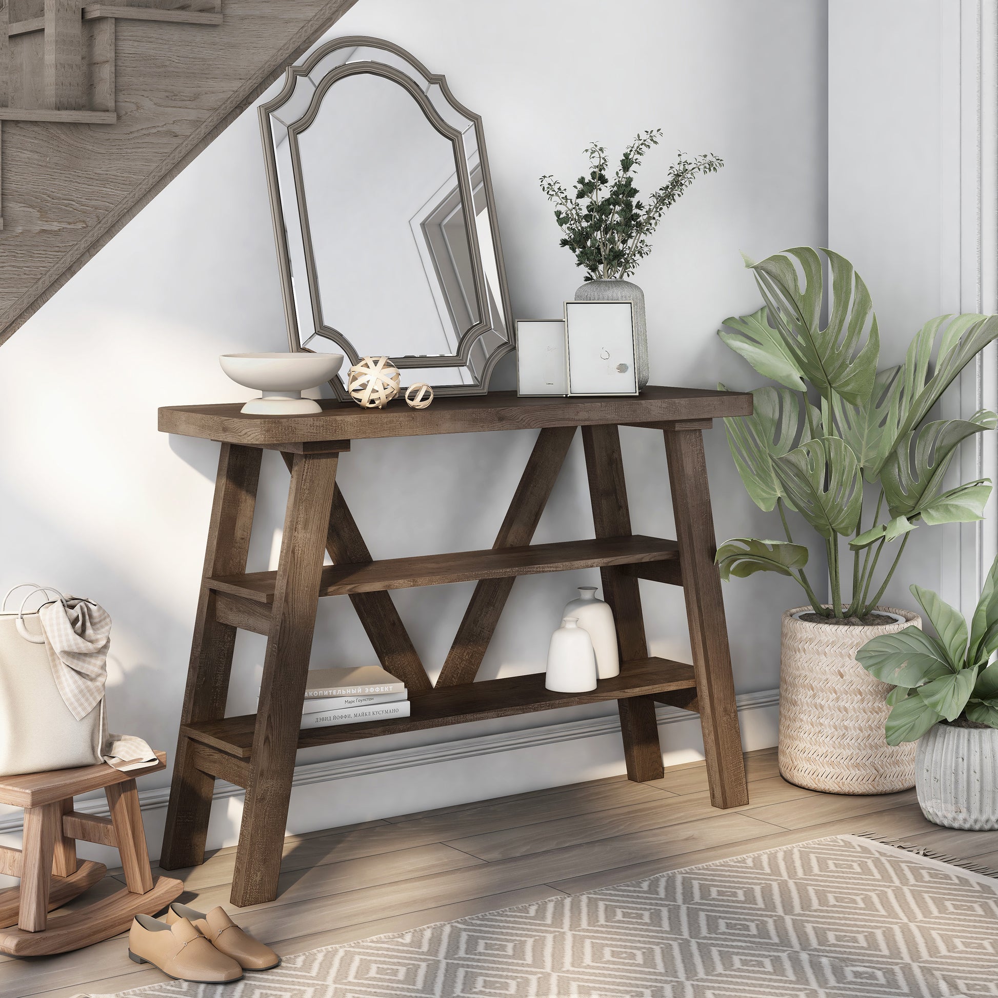 Right angled farmhouse reclaimed oak two-shelf console table in a living area with accessories