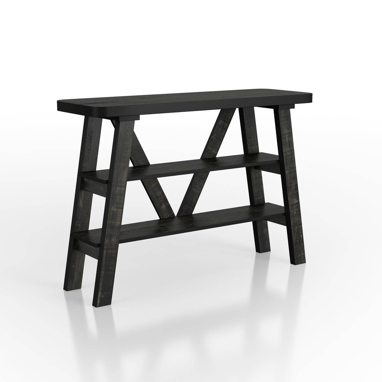 Right angled farmhouse reclaimed black two-shelf console table on a white background