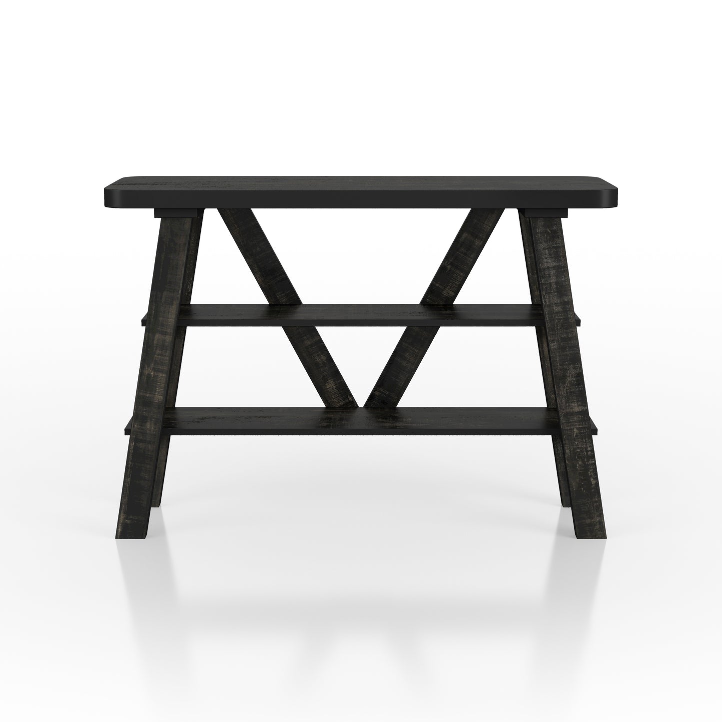 Front-facing farmhouse reclaimed black two-shelf console table on a white background