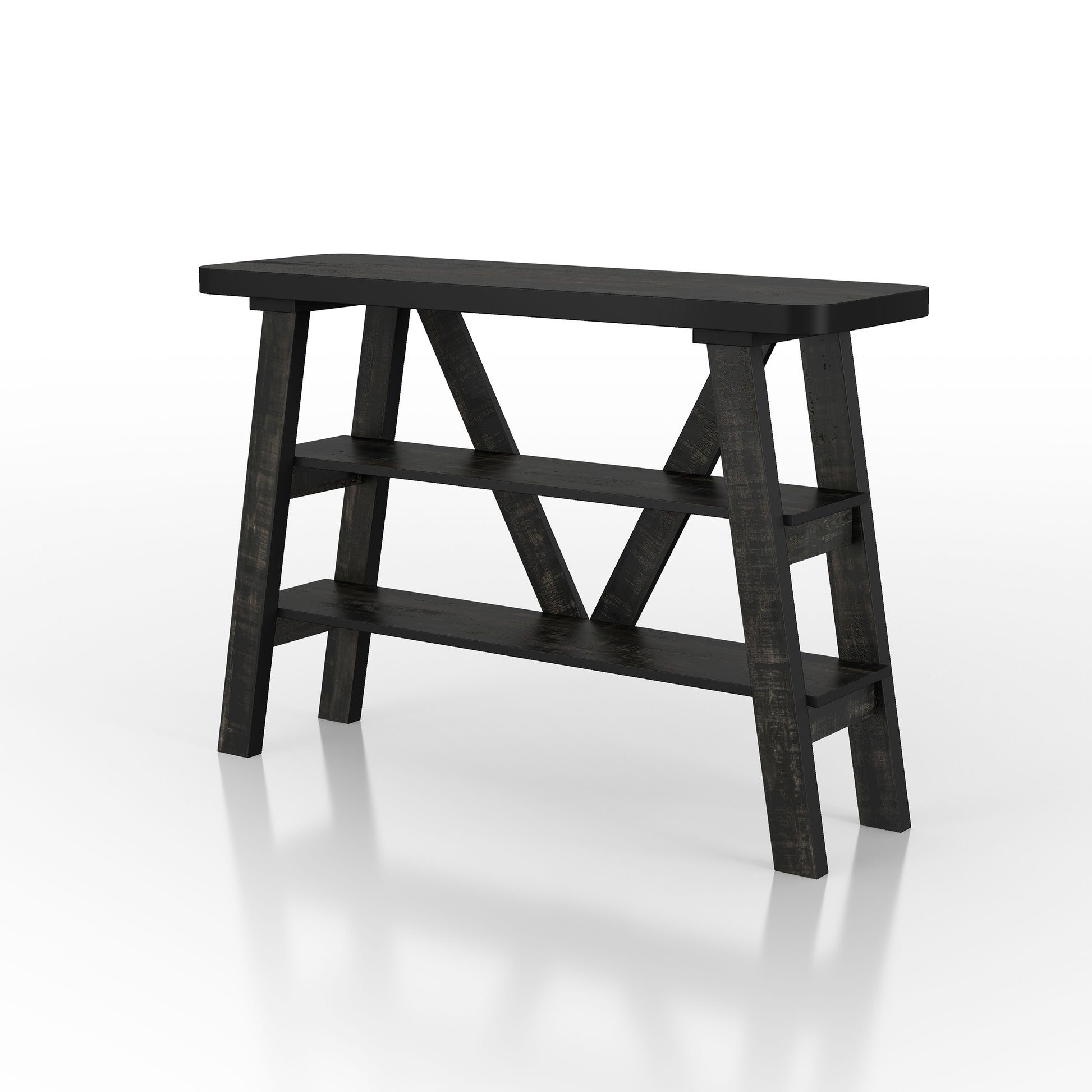 Left angled farmhouse reclaimed black two-shelf console table on a white background