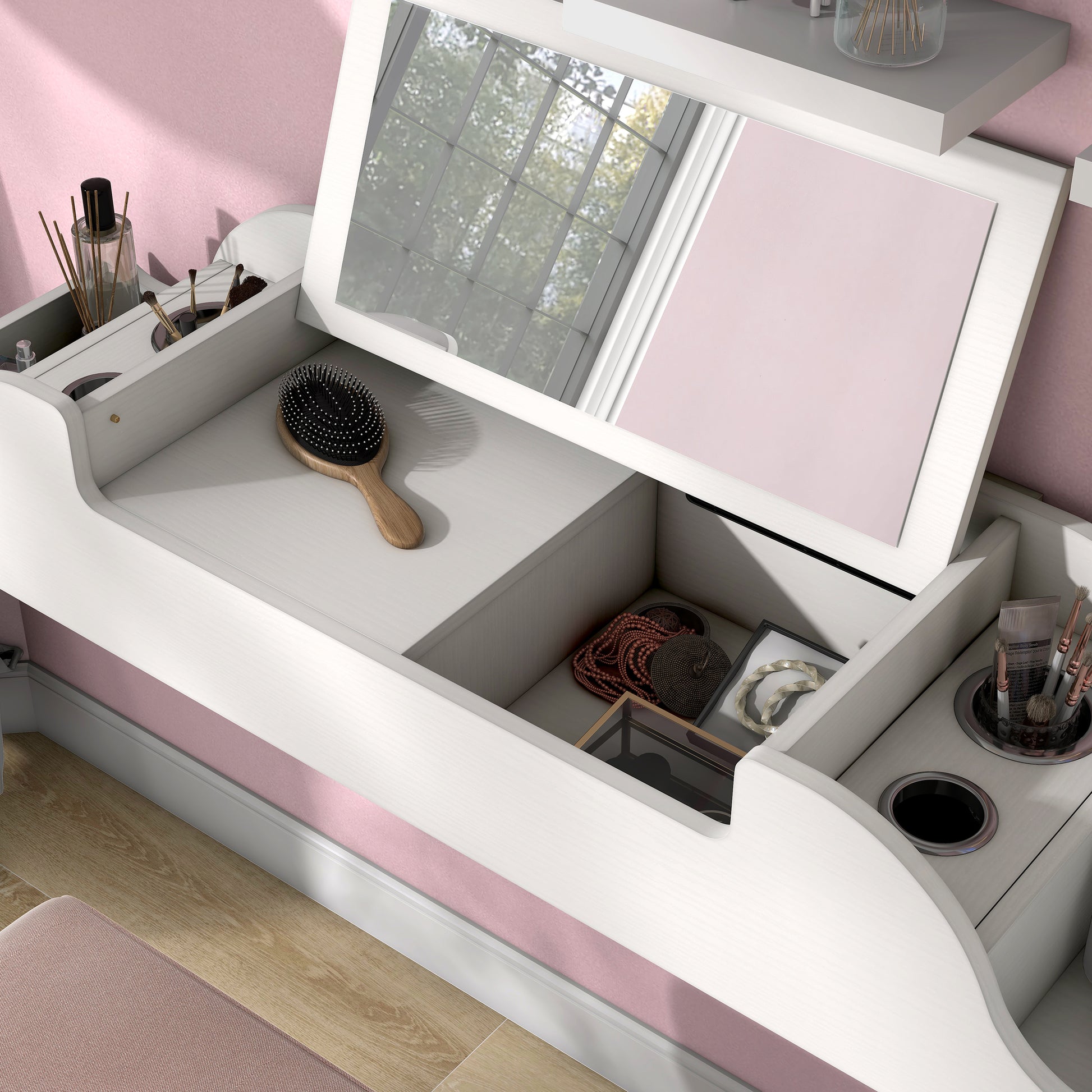 Left angled bird's eye close-up view of a contemporary white flip-top wall mounted makeup vanity with hidden storage in a bedroom with accessories