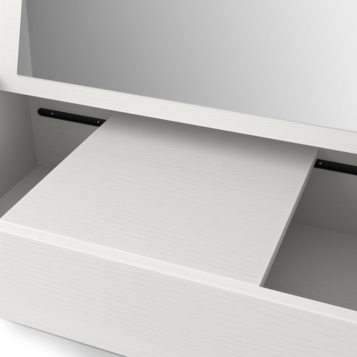 Left angled close-up center view of a contemporary white flip-top wall mounted makeup vanity with hidden storage and top up to show mirror on a white background