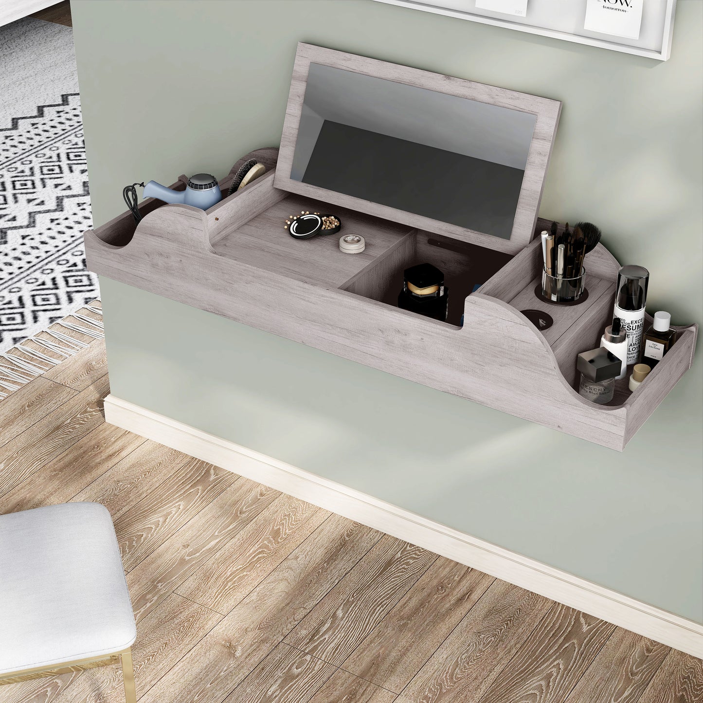Left angled bird's eye view of a contemporary coastal white flip-top wall mounted makeup vanity with hidden storage and top up in a bedroom with accessories