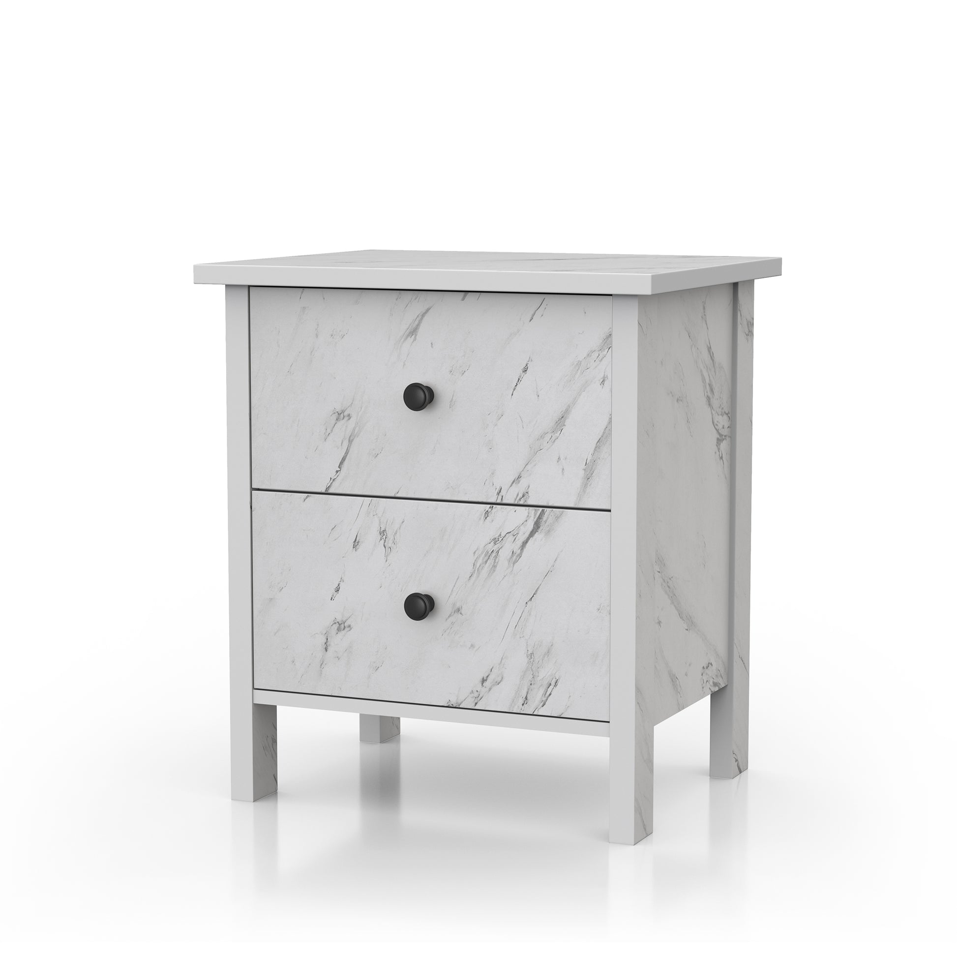 Left angled transitional white faux marble two-drawer nightstand on a white background