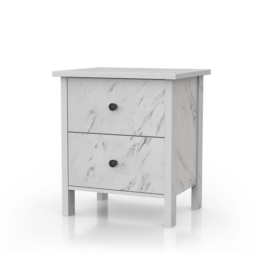 Left angled transitional white faux marble two-drawer nightstand on a white background