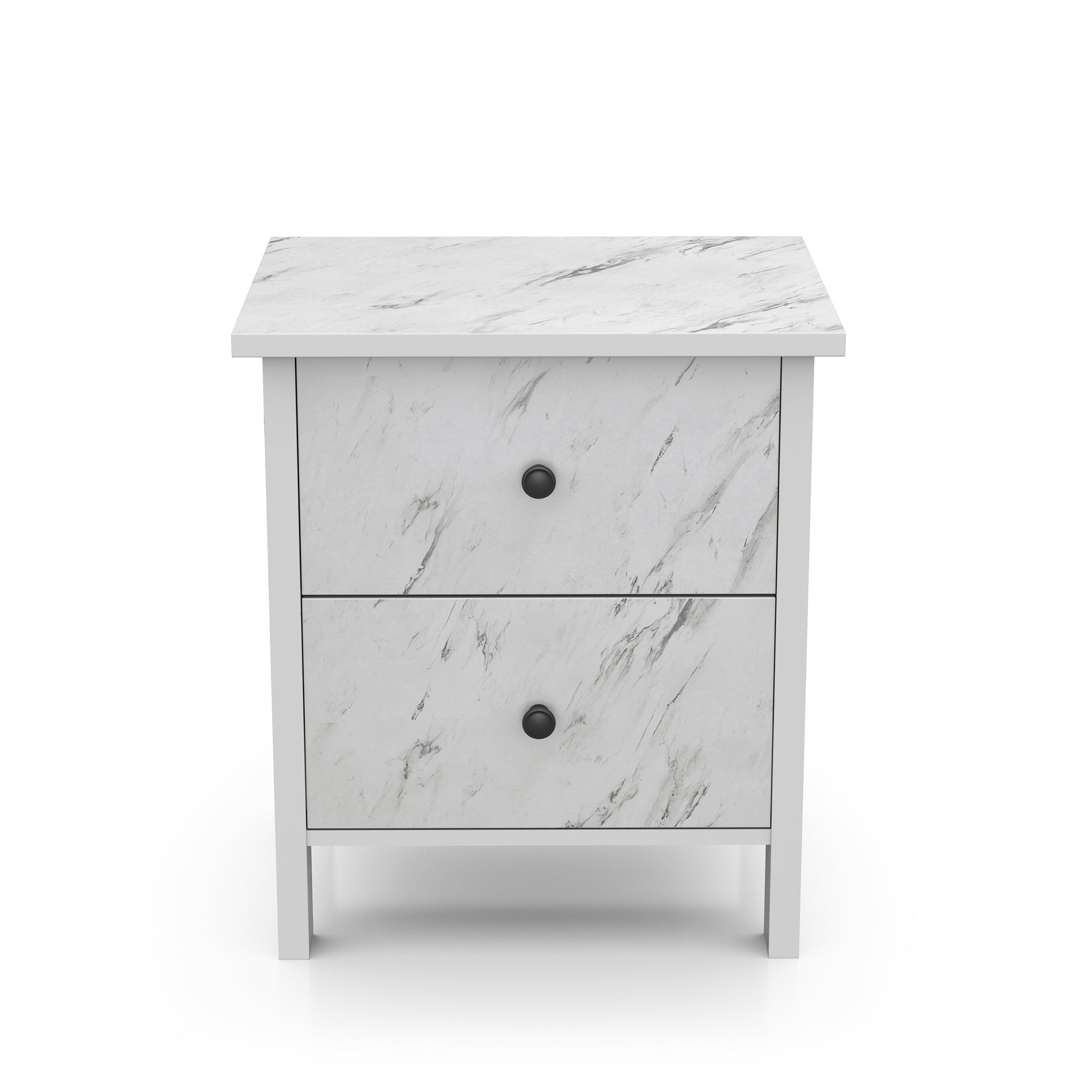 Front-facing transitional white faux marble two-drawer nightstand on a white background