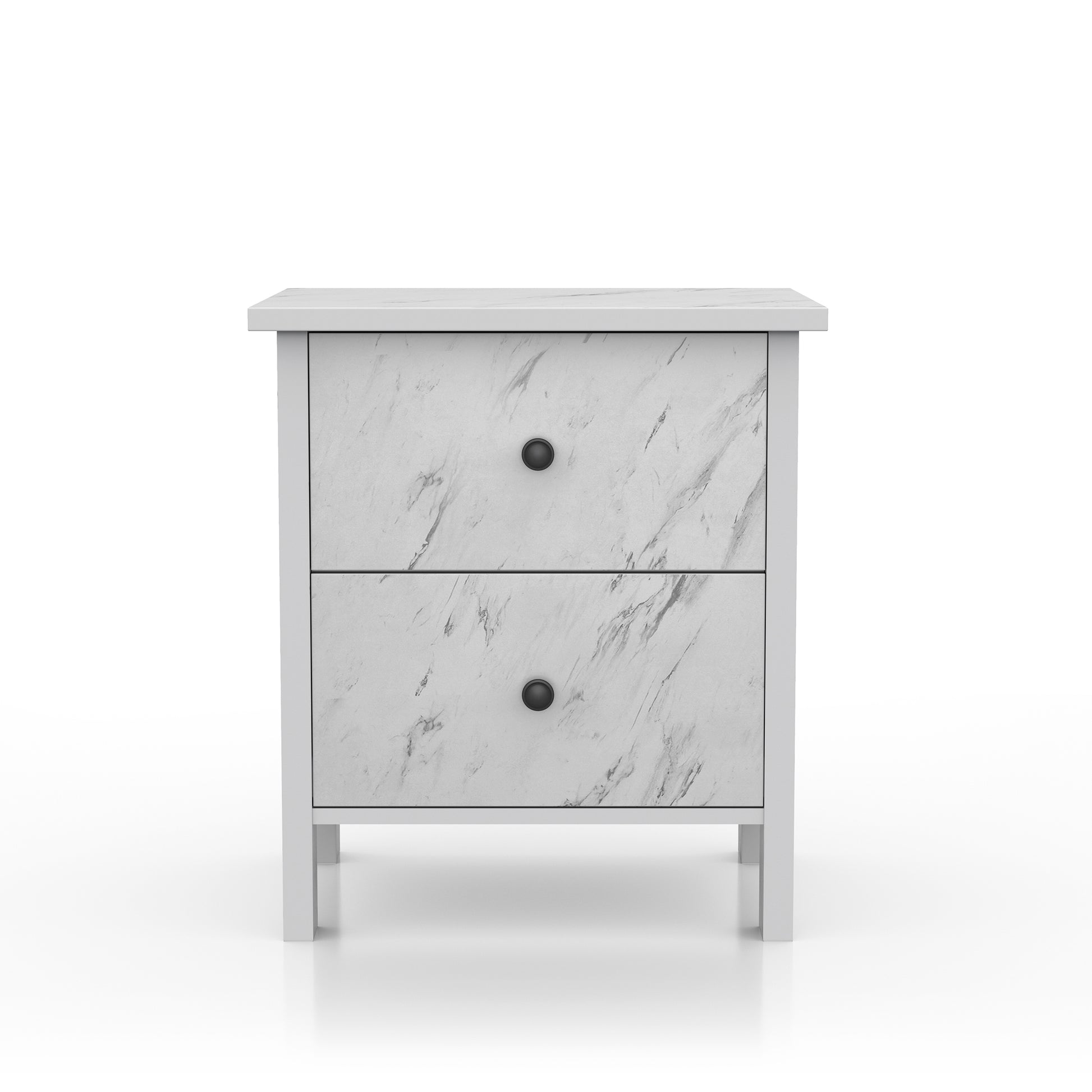 Front-facing transitional white faux marble two-drawer nightstand on a white background