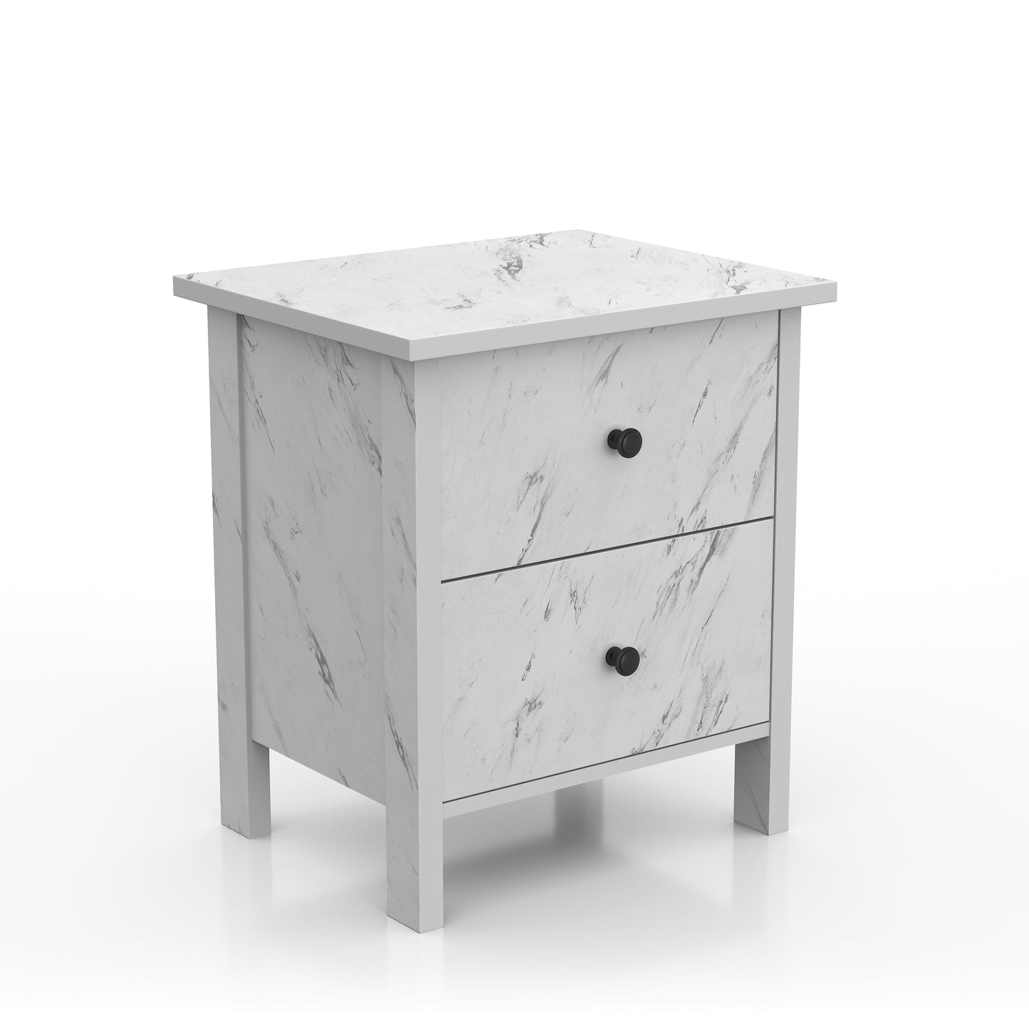 Right angled transitional white faux marble two-drawer nightstand on a white background