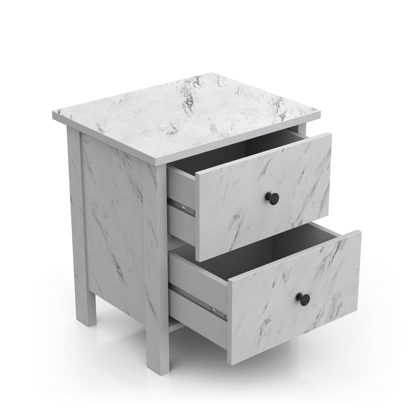 Right angled transitional white faux marble two-drawer nightstand with drawers open on a white background
