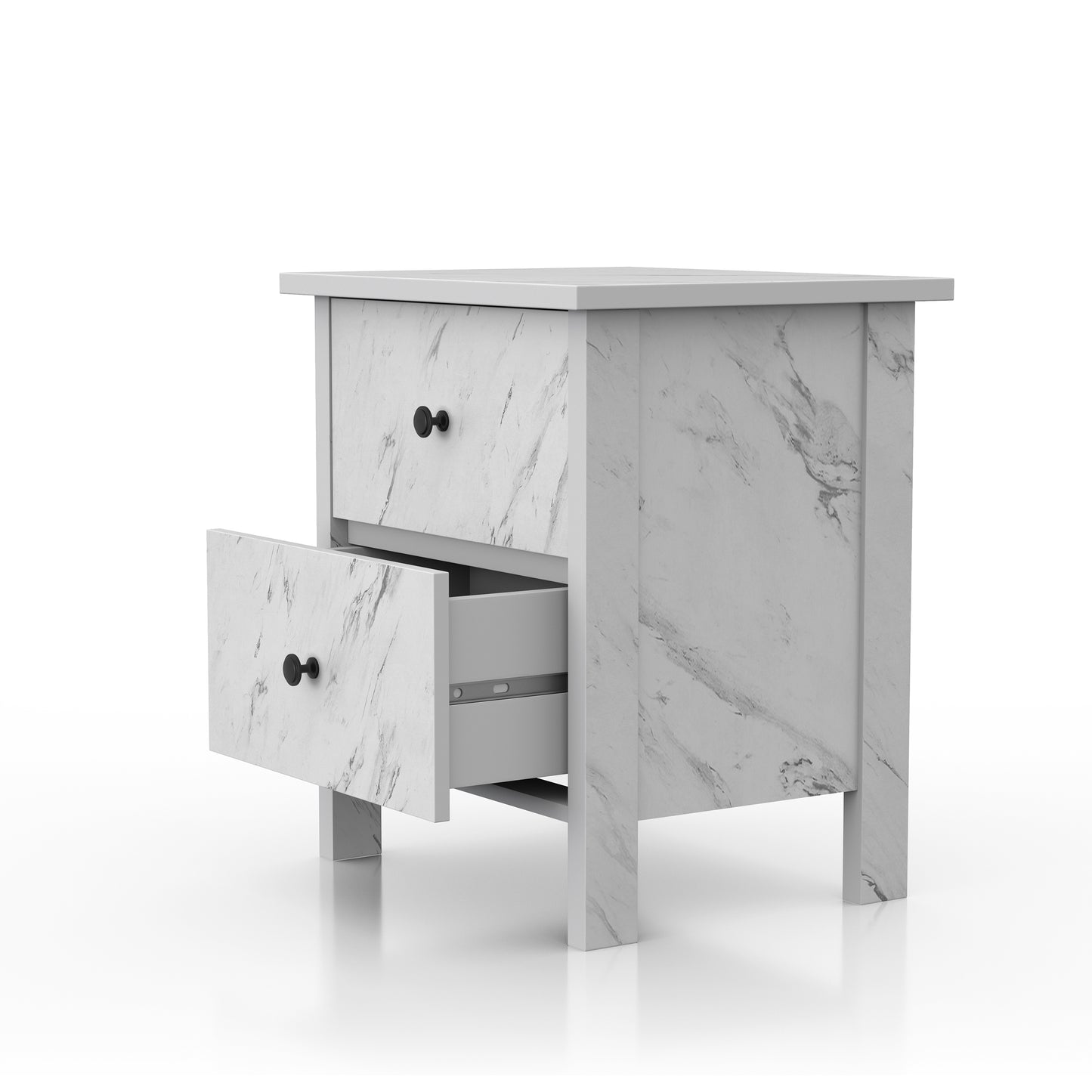 Left angled transitional white faux marble two-drawer nightstand with bottom drawer open on a white background