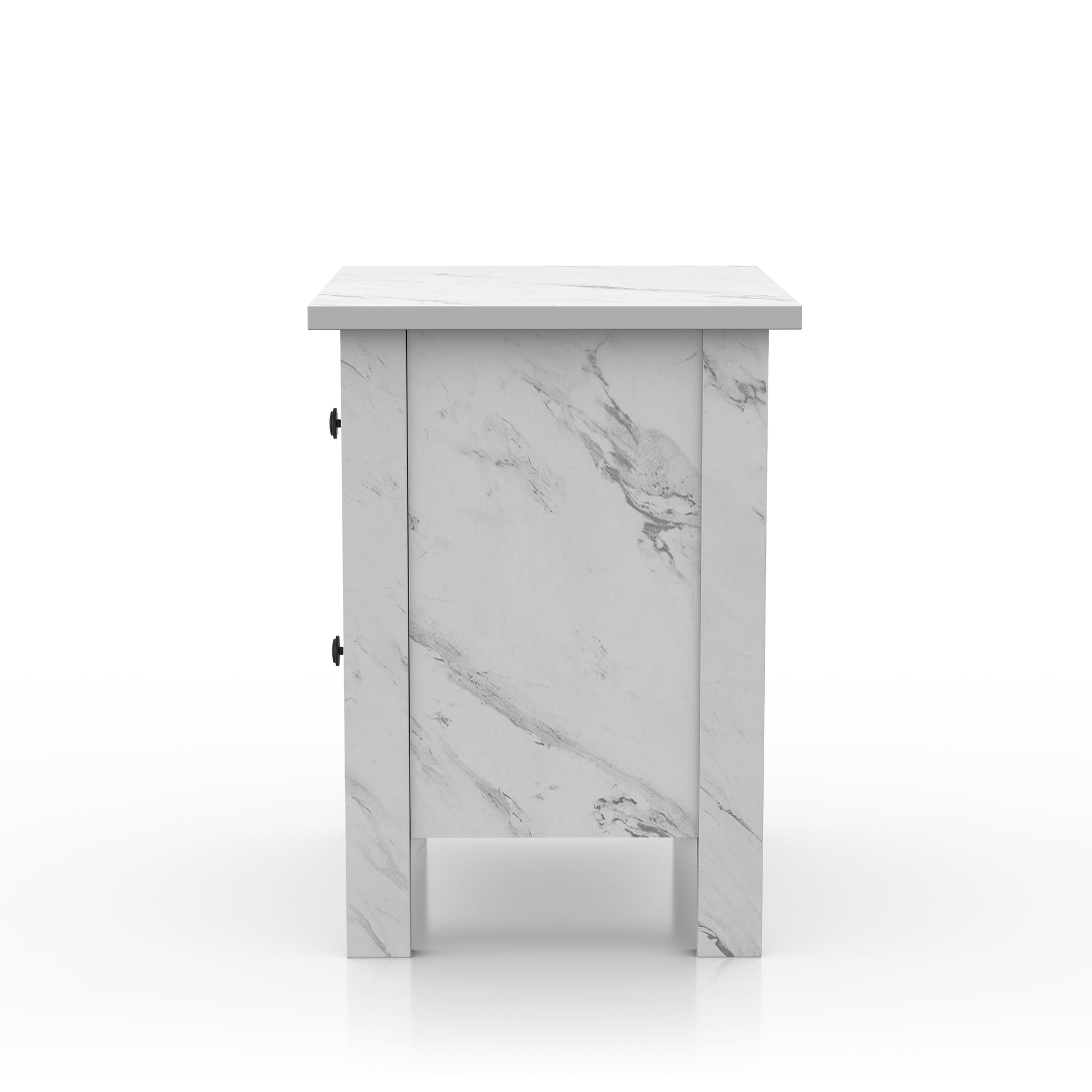 Front-facing side view of a transitional white faux marble two-drawer nightstand on a white background