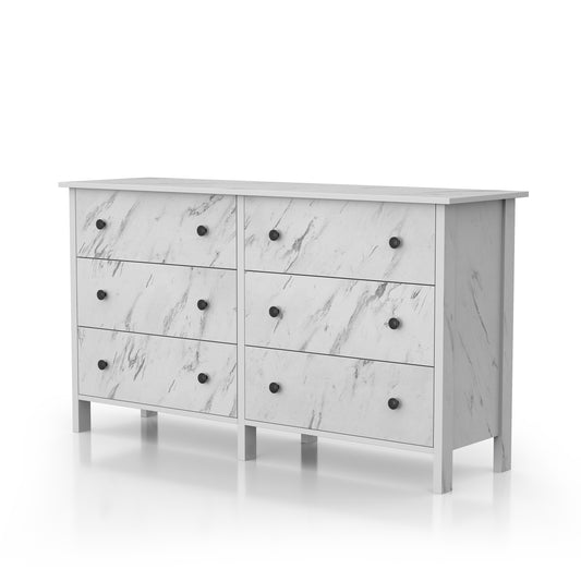 Left angled transitional white faux marble six-drawer double dresser on a white background