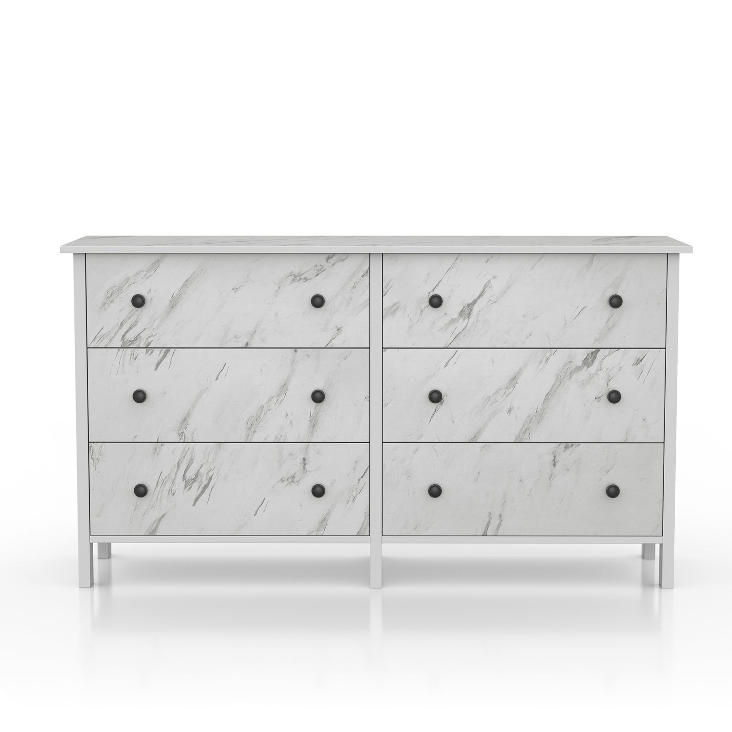 Front-facing transitional white faux marble six-drawer double dresser on a white background