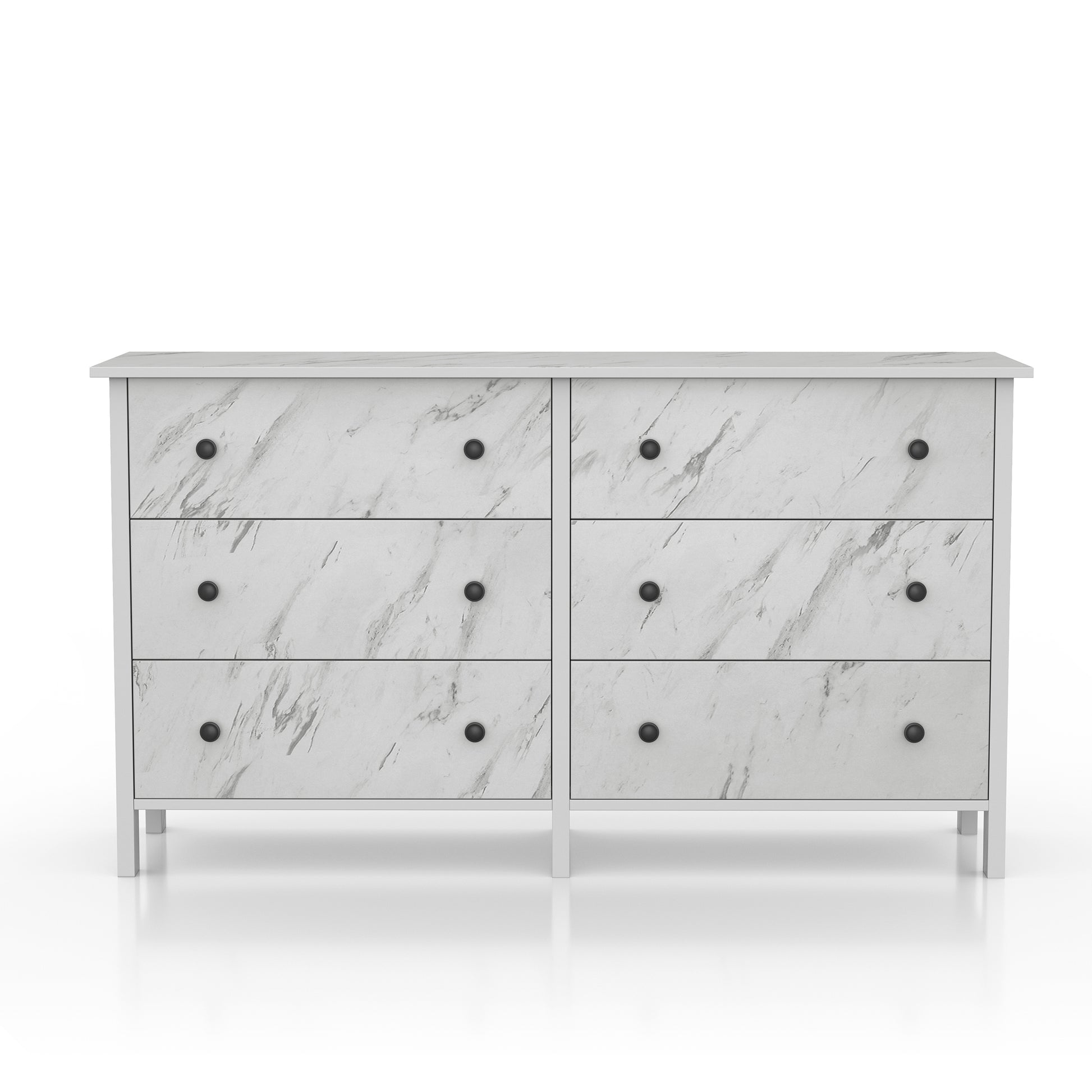 Front-facing transitional white faux marble six-drawer double dresser on a white background