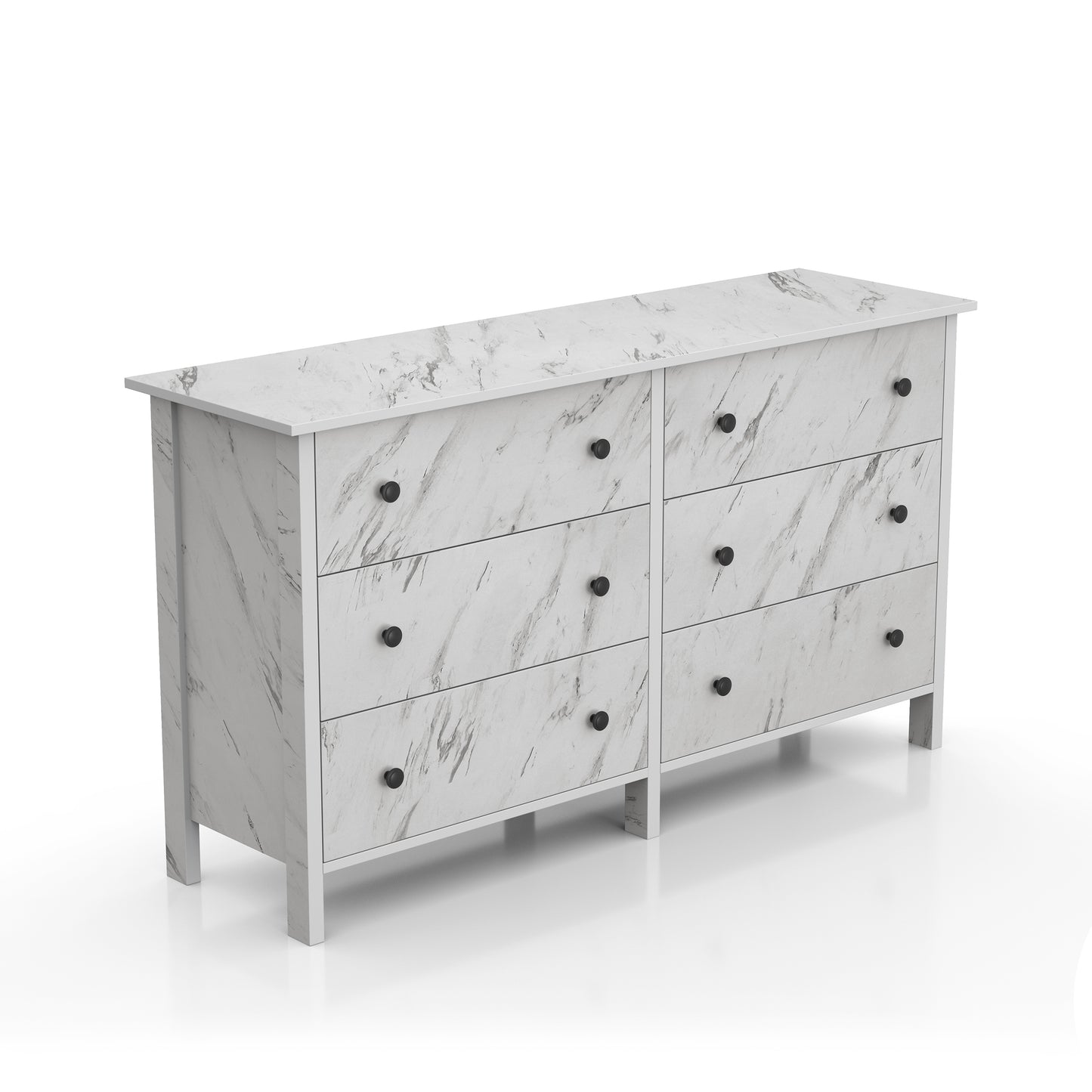 Right angled transitional white faux marble six-drawer double dresser on a white background