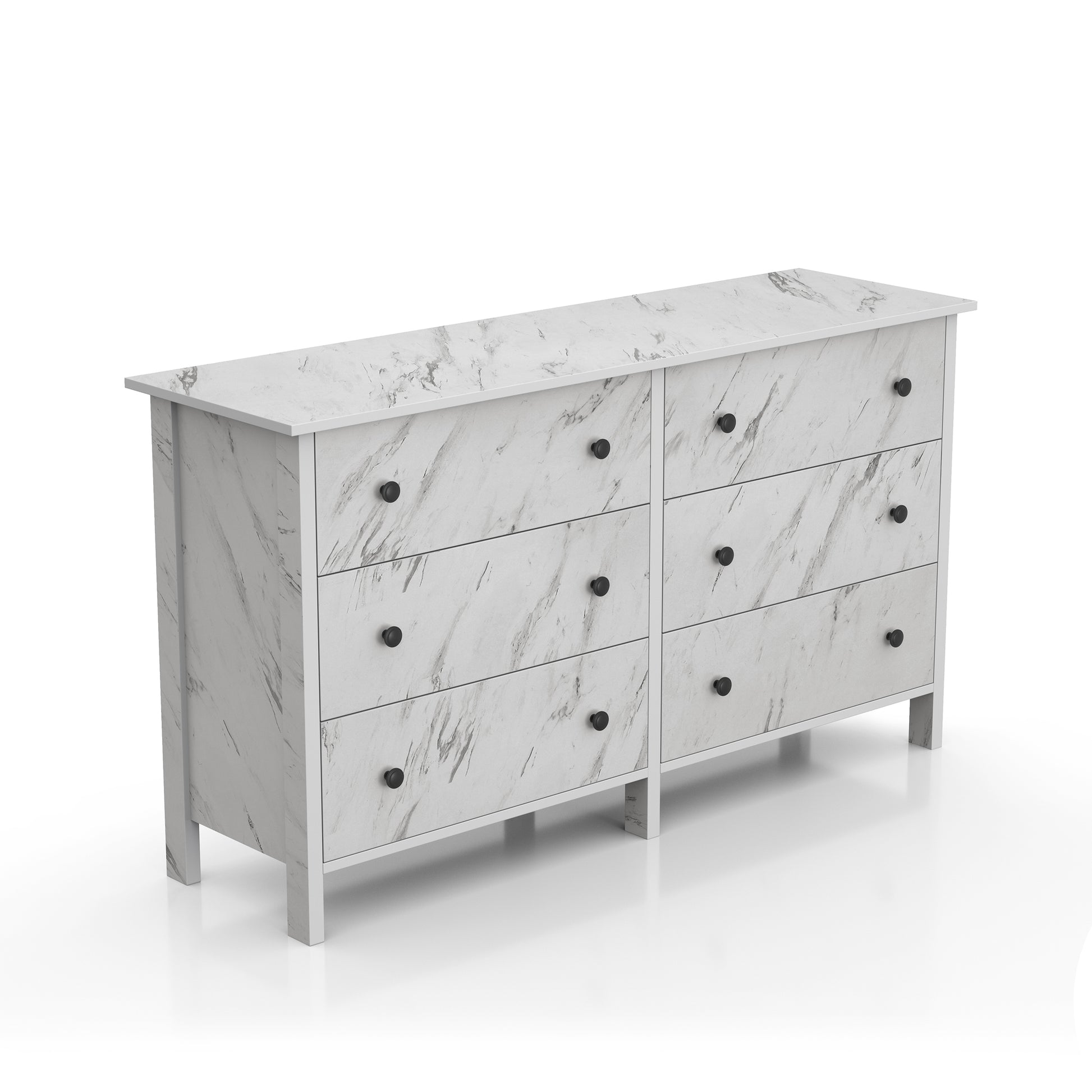 Right angled transitional white faux marble six-drawer double dresser on a white background