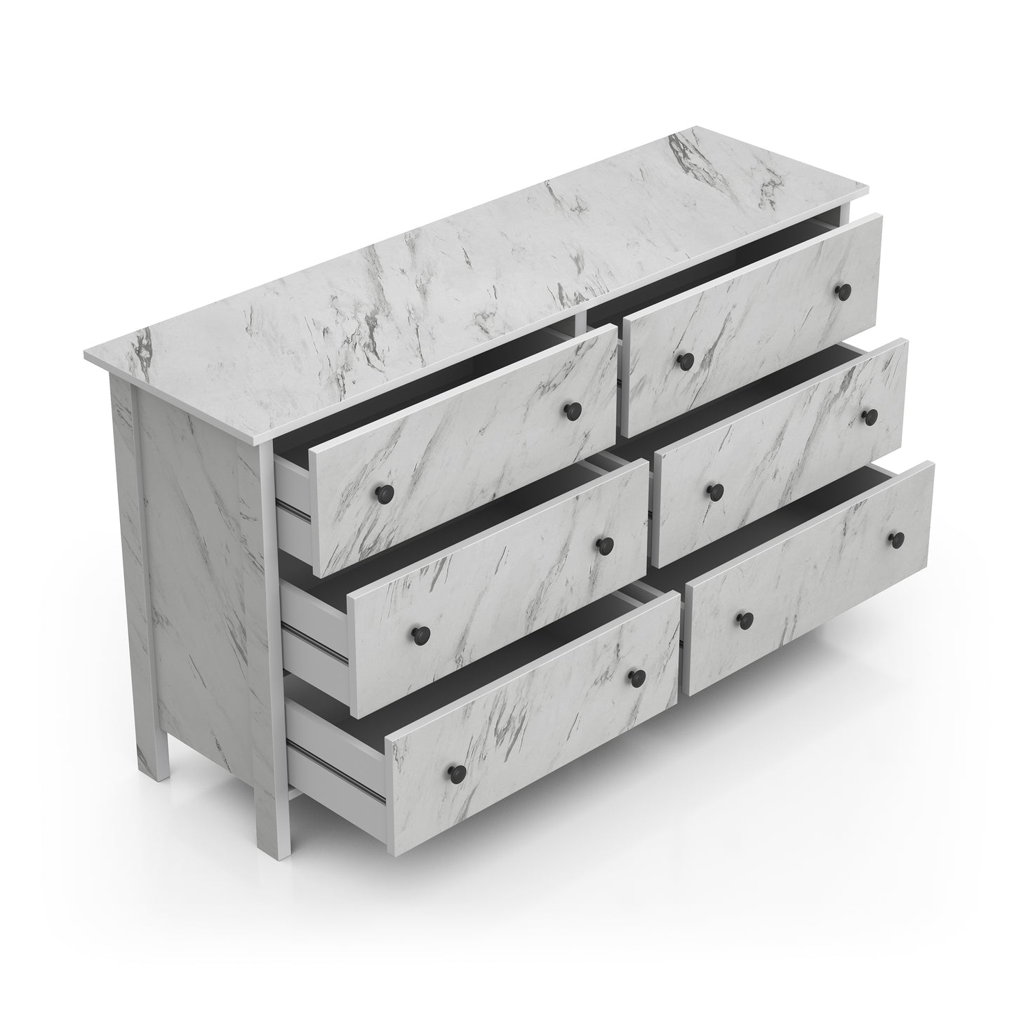 Right angled transitional white faux marble six-drawer double dresser with drawers open on a white background