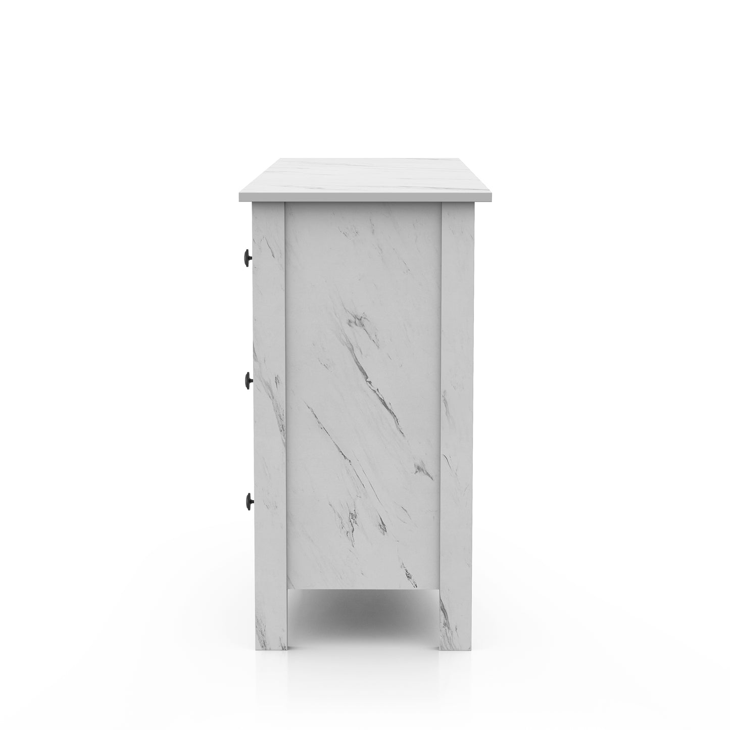 Front-facing side view of a transitional white faux marble six-drawer double dresser on a white background