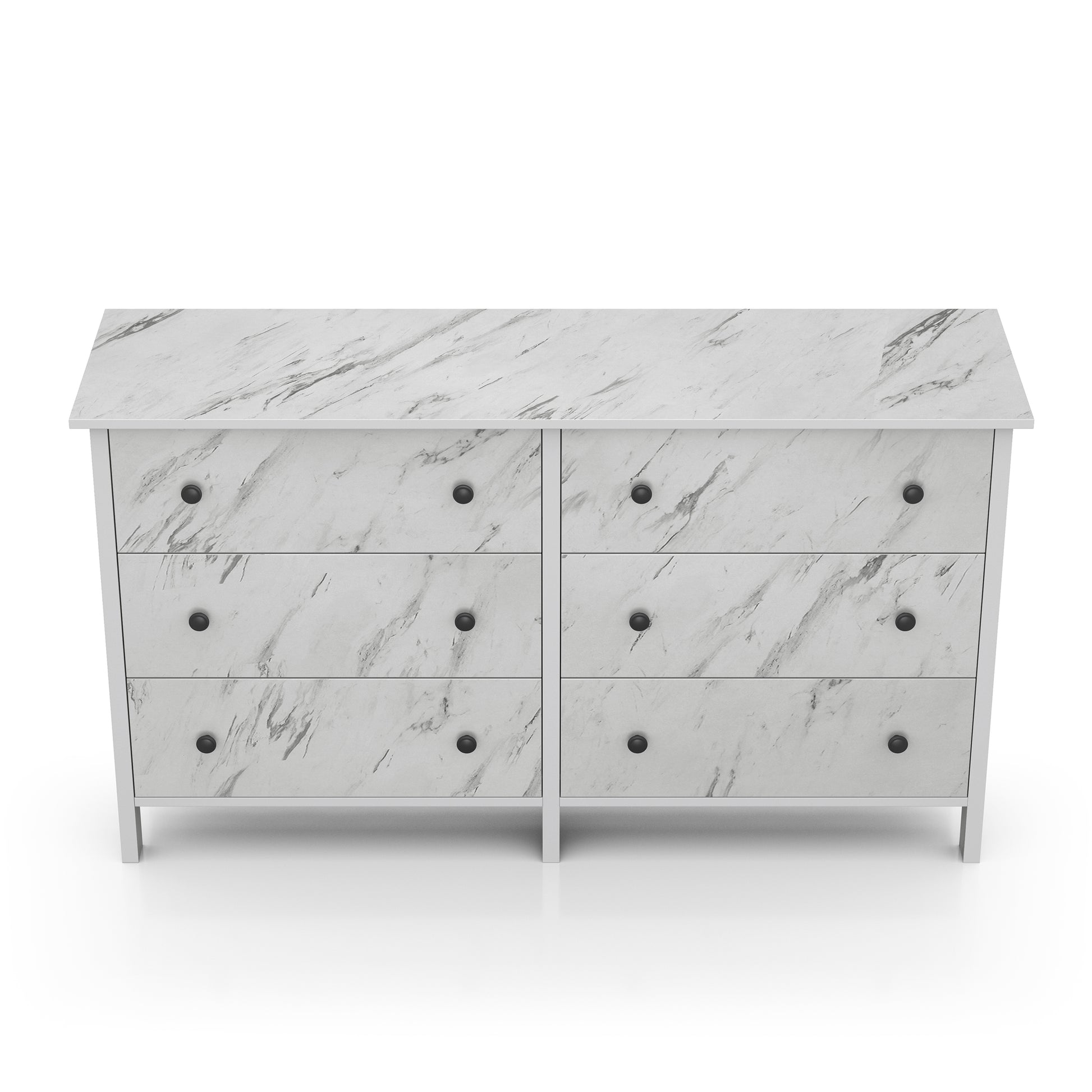 Front-facing upper view of a transitional white faux marble six-drawer double dresser on a white background