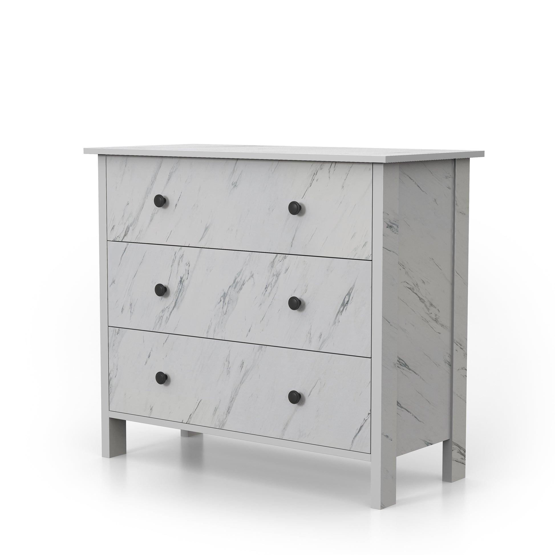 Left angled transitional white faux marble three-drawer youth dresser on a white background