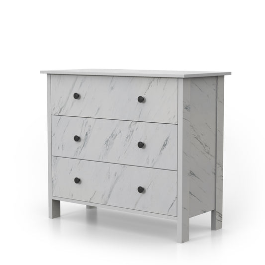 Left angled transitional white faux marble three-drawer youth dresser on a white background