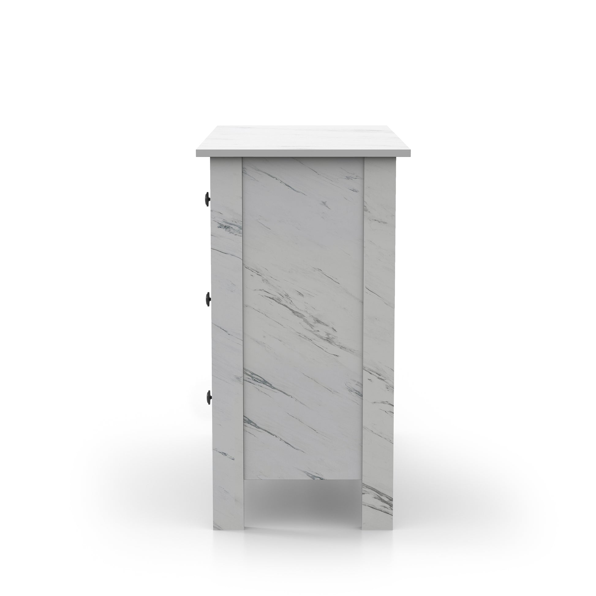Front-facing side view of a transitional white faux marble three-drawer youth dresser on a white background
