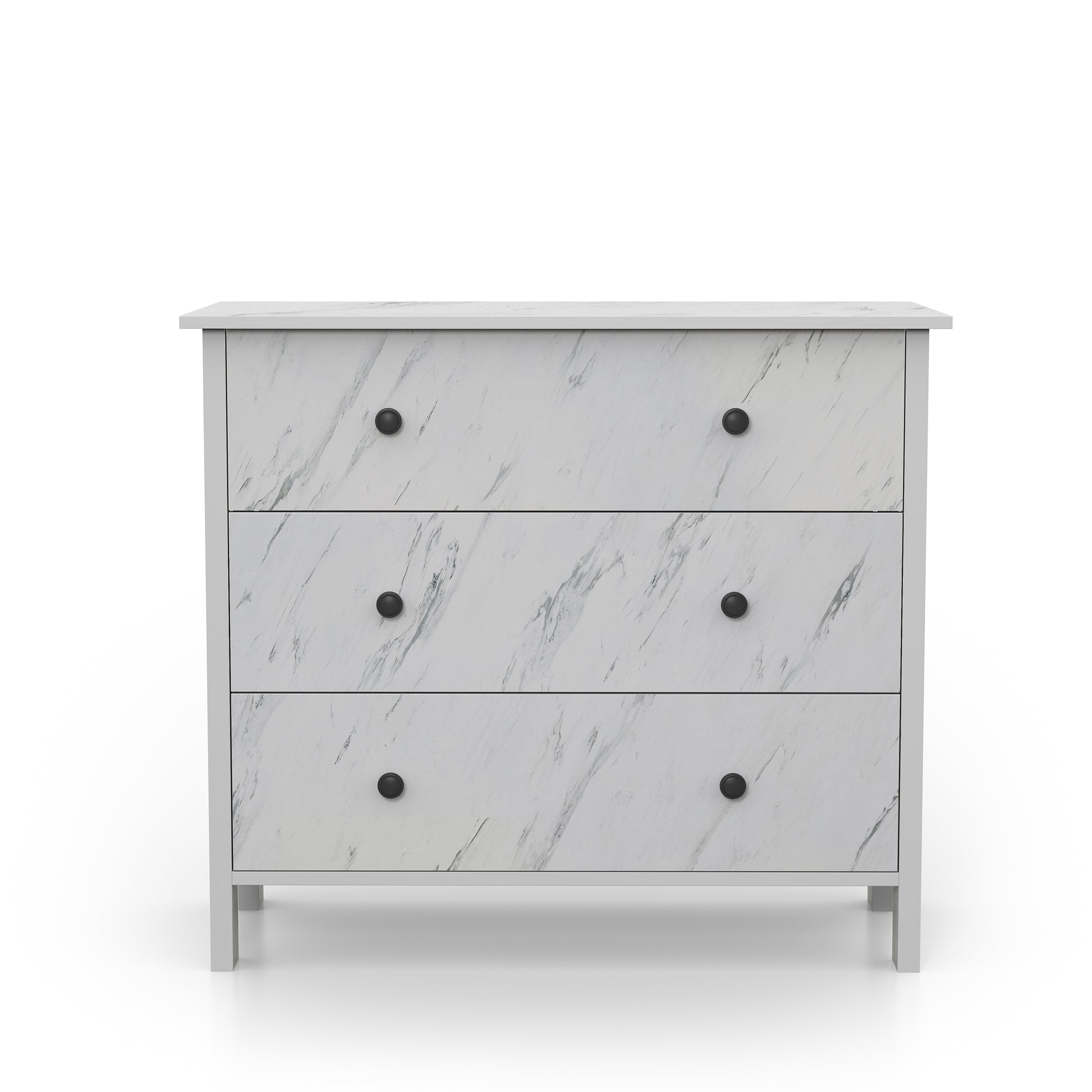 Front-facing transitional white faux marble three-drawer youth dresser on a white background