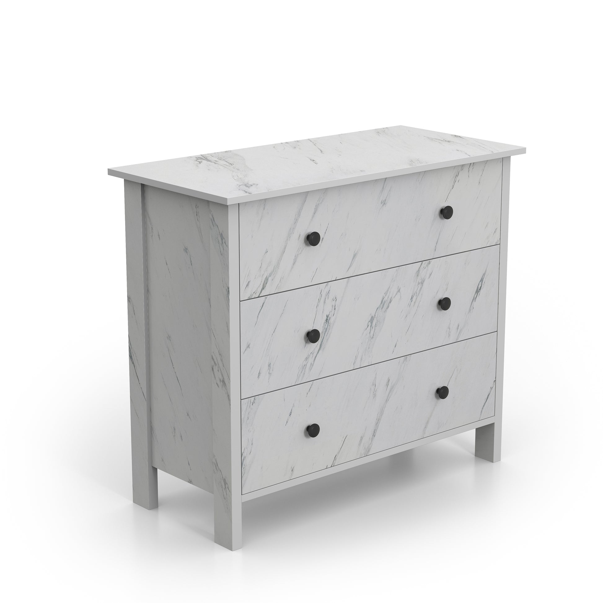 Right angled transitional white faux marble three-drawer youth dresser on a white background